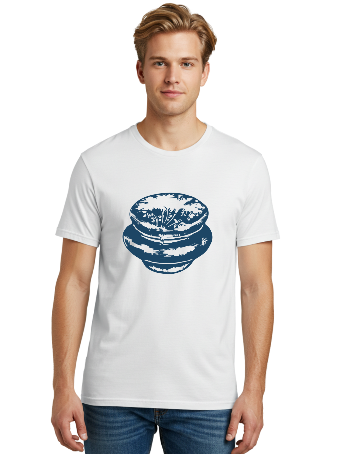 Vintage Spice Jar Men'S Graphic Tee, 100% Cotton, Comfortable Casual Summer Wear, Machine Washable, Stacked Bowls, Ceramic Bowls, Floral Design, Blue Illustration, Kitchenware, Tableware, Home Decor, Minimalist Art Aae813 4
