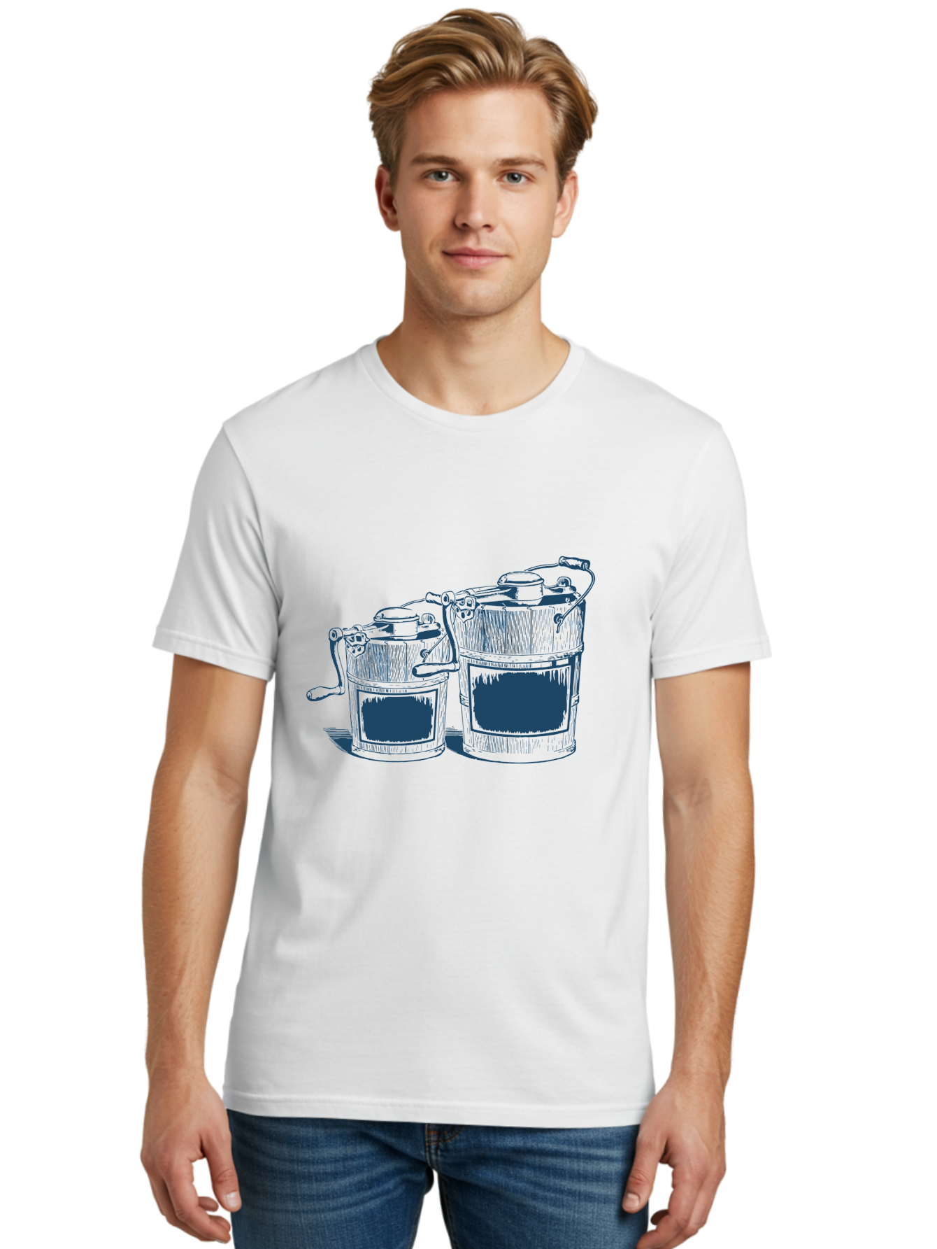 Vintage Utility Buckets Men'S Graphic Tee, 100% Cotton, Comfortable Casual Summer Wear, Machine Washable, Water Buckets, Vintage Illustrations, Rustic Charm, Wooden Texture, Nostalgic Feel, Old-Fashioned Kitchenware, Country Decor Aae814 4