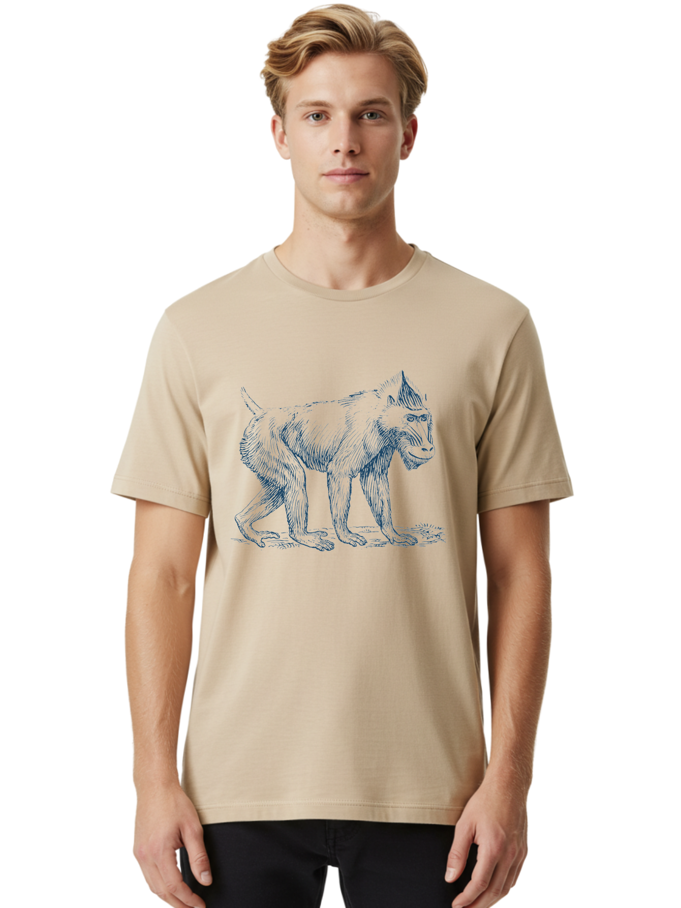 Walking Ape Men'S Graphic Tee, 100% Cotton, Comfortable Casual Summer Wear, Machine Washable, Baboon Illustration, Primate Art, Detailed Drawing, Animal Portrait, Wildlife Graphics, Hand-Drawn Image, Modern Illustration, Bold Lines Aae819 28