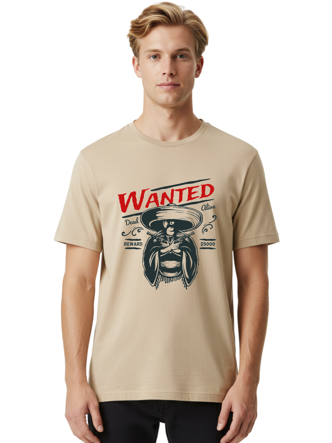 Wanted Men'S Graphic Tee, 100% Cotton, Comfortable Casual Summer Wear, Machine Washable, Wanted Poster, Mexican Bandit, Outlaw Illustration, Armed Fugitive, Vintage Wanted Sign, $5000 Reward, Dead Or Alive, Classic Western Art, Bold Graphics, Aae821 30