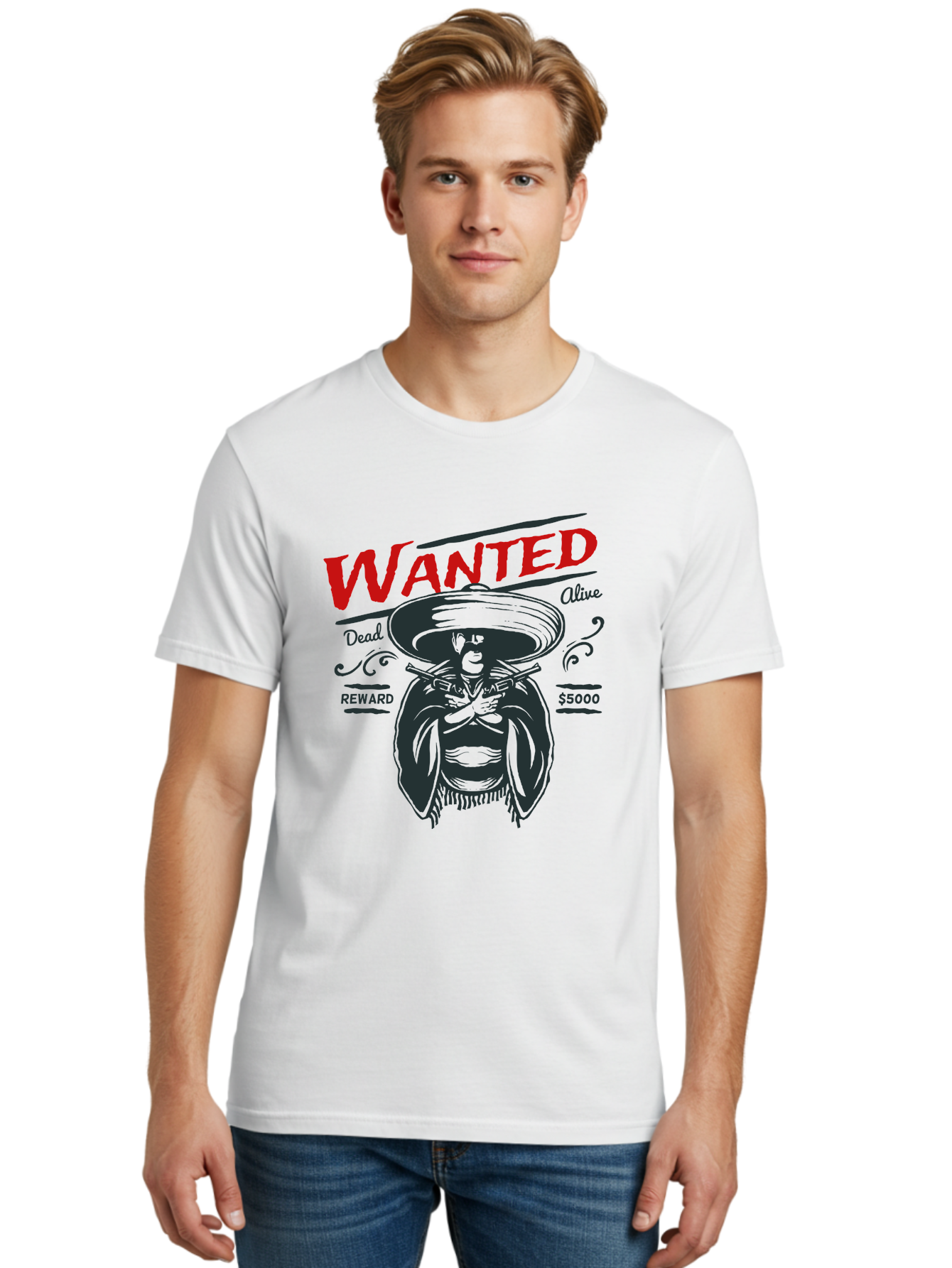 Wanted Men'S Graphic Tee, 100% Cotton, Comfortable Casual Summer Wear, Machine Washable, Wanted Poster, Mexican Bandit, Outlaw Illustration, Armed Fugitive, Vintage Wanted Sign, $5000 Reward, Dead Or Alive, Classic Western Art, Bold Graphics, Aae821 22