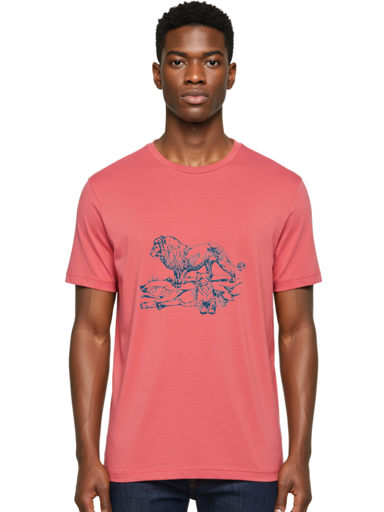 Watchful Kingship Men'S Graphic Tee, 100% Cotton, Comfortable Casual Summer Wear, Machine Washable, Lion And Lioness, Wildlife, Wild Animals, Savannah Scene, Fierce Predators, Majestic Mane, Animal Kingdom, Predator Illustration, Wildlife Art, Aae824 30