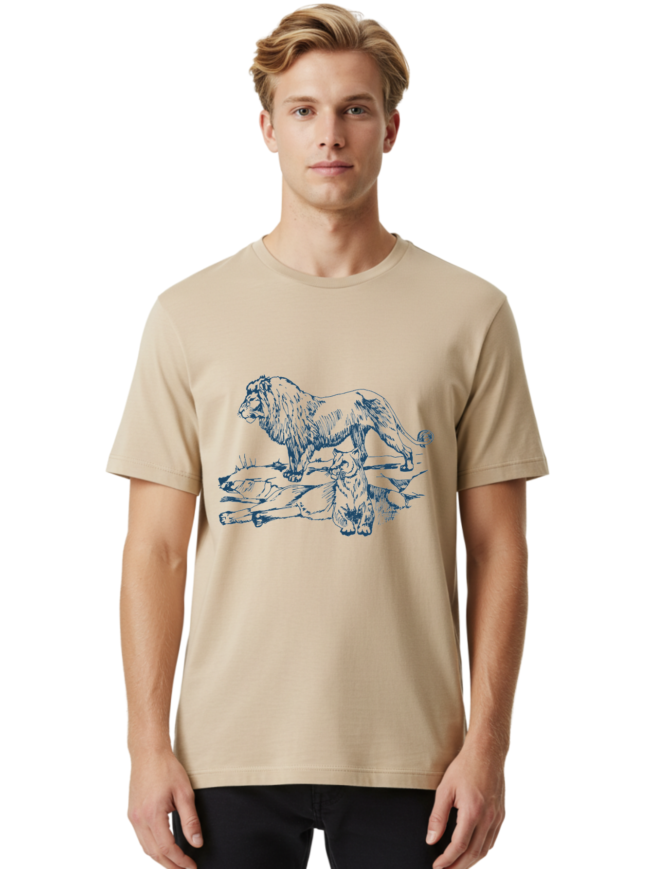 Watchful Kingship Men'S Graphic Tee, 100% Cotton, Comfortable Casual Summer Wear, Machine Washable, Lion And Lioness, Wildlife, Wild Animals, Savannah Scene, Fierce Predators, Majestic Mane, Animal Kingdom, Predator Illustration, Wildlife Art, Aae824 12