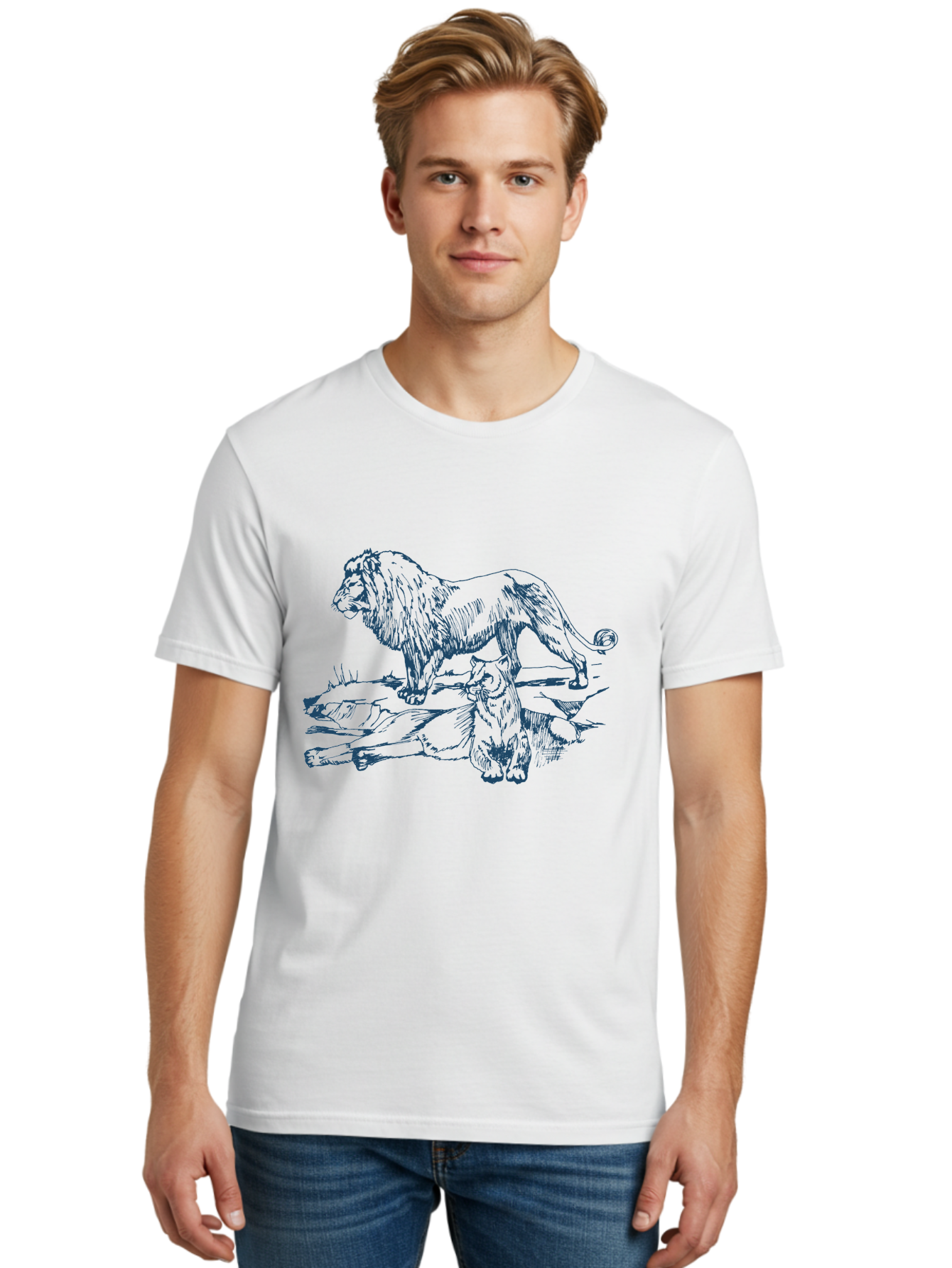 Watchful Kingship Men'S Graphic Tee, 100% Cotton, Comfortable Casual Summer Wear, Machine Washable, Lion And Lioness, Wildlife, Wild Animals, Savannah Scene, Fierce Predators, Majestic Mane, Animal Kingdom, Predator Illustration, Wildlife Art, Aae824 4