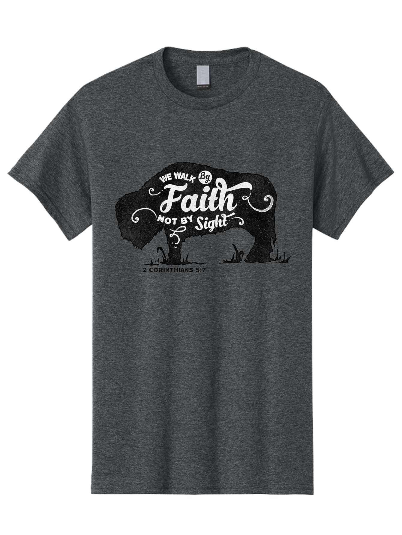 We Walk By Faith Men'S Graphic Tee, 100% Cotton, Comfortable Casual Summer Wear, Machine Washable, Faith Quote, Inspirational Quote, Motivational Quote, Bison Silhouette, Religious Quote, 2 Corinthians 5:7, Christian Art Aae829 17