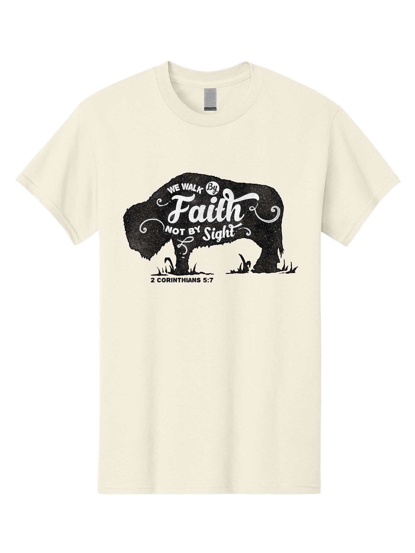 We Walk By Faith Men'S Graphic Tee, 100% Cotton, Comfortable Casual Summer Wear, Machine Washable, Faith Quote, Inspirational Quote, Motivational Quote, Bison Silhouette, Religious Quote, 2 Corinthians 5:7, Christian Art Aae829 29