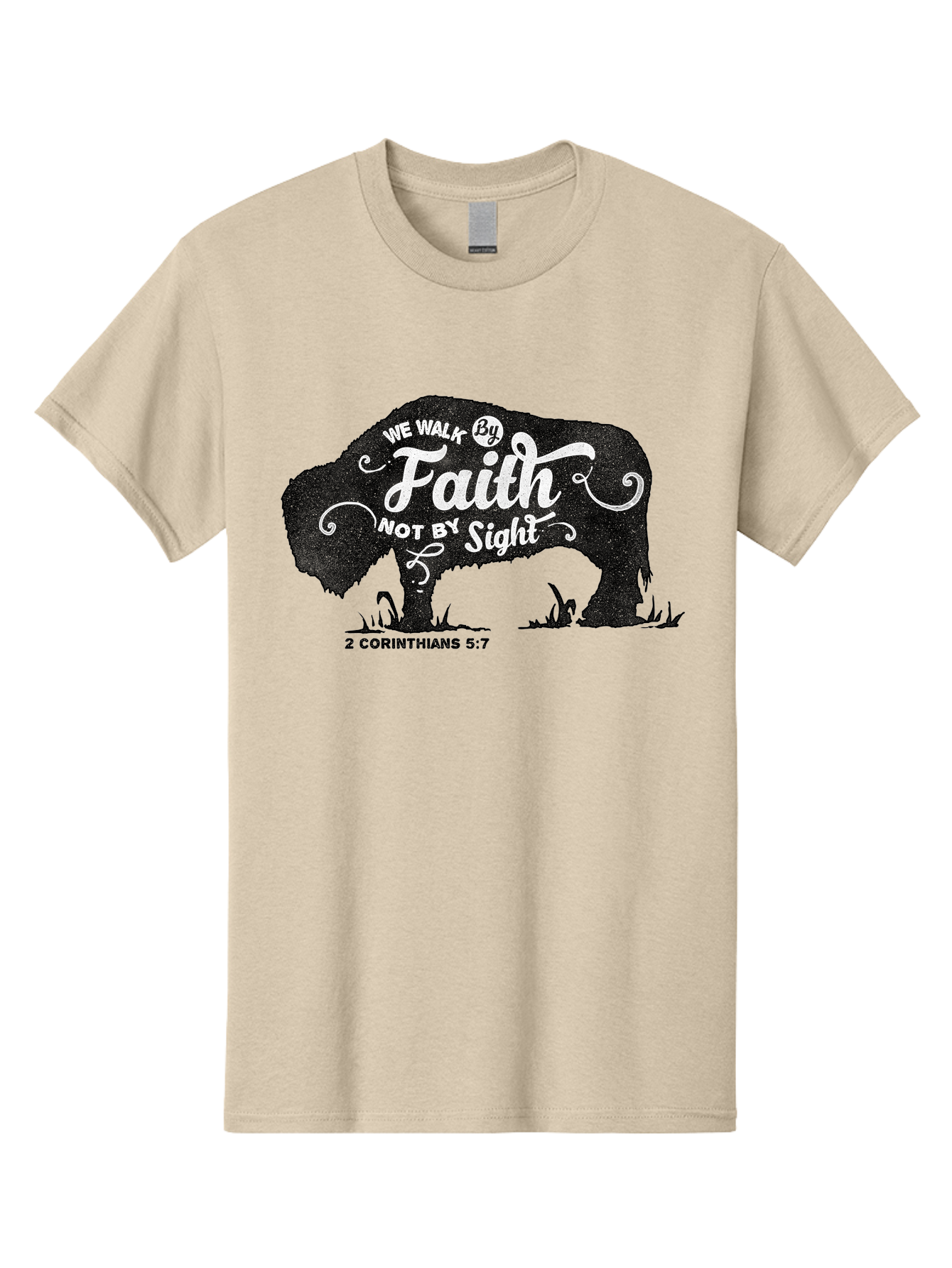 We Walk By Faith Men'S Graphic Tee, 100% Cotton, Comfortable Casual Summer Wear, Machine Washable, Faith Quote, Inspirational Quote, Motivational Quote, Bison Silhouette, Religious Quote, 2 Corinthians 5:7, Christian Art Aae829 7