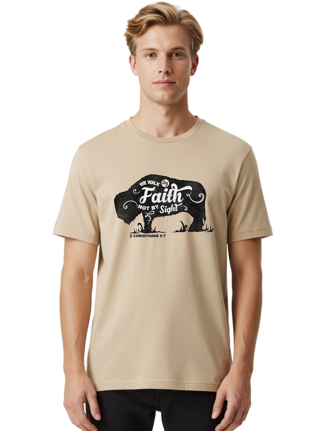 We Walk By Faith Men'S Graphic Tee, 100% Cotton, Comfortable Casual Summer Wear, Machine Washable, Faith Quote, Inspirational Quote, Motivational Quote, Bison Silhouette, Religious Quote, 2 Corinthians 5:7, Christian Art Aae829 8
