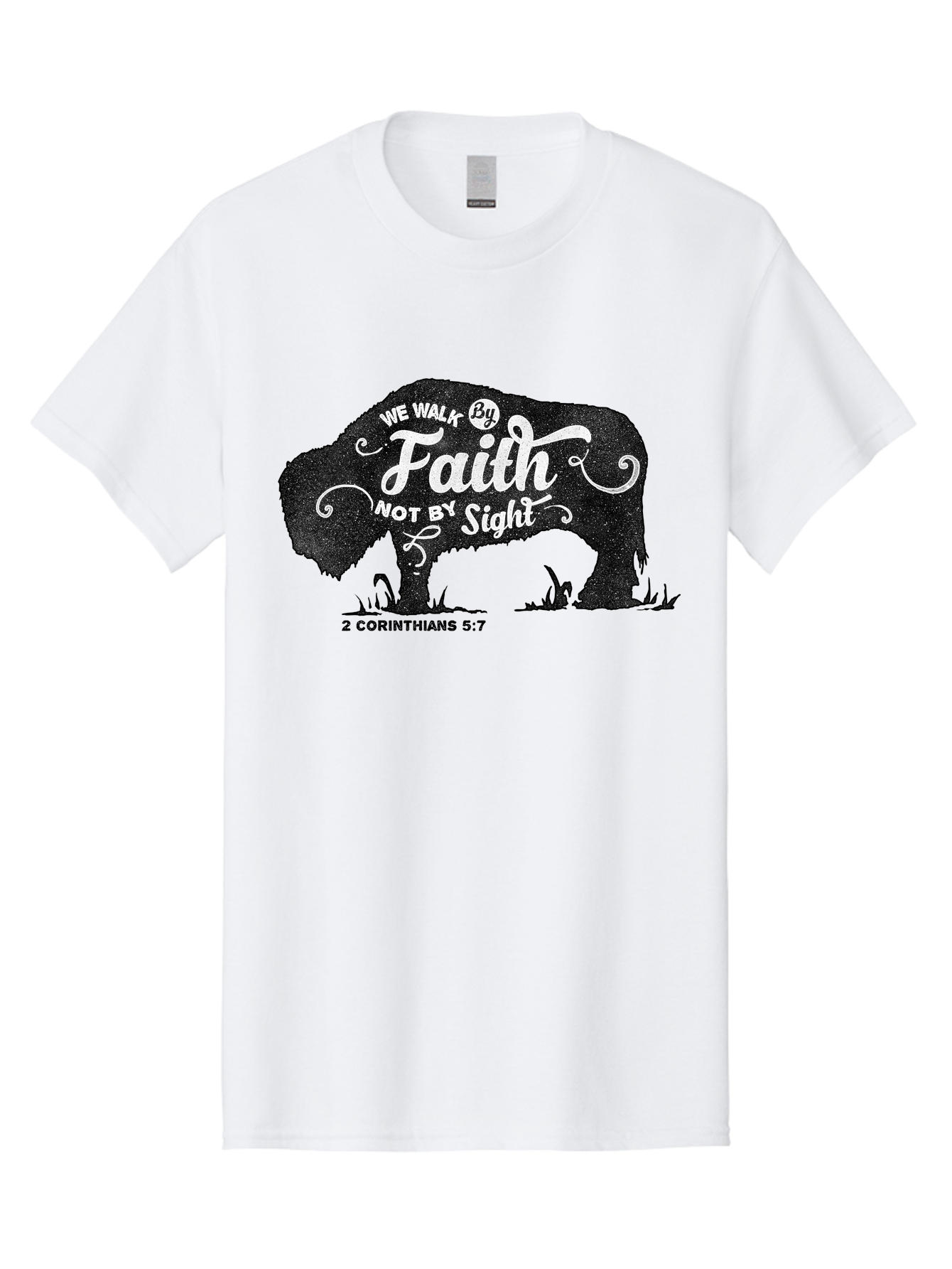 We Walk By Faith Men'S Graphic Tee, 100% Cotton, Comfortable Casual Summer Wear, Machine Washable, Faith Quote, Inspirational Quote, Motivational Quote, Bison Silhouette, Religious Quote, 2 Corinthians 5:7, Christian Art Aae829 5