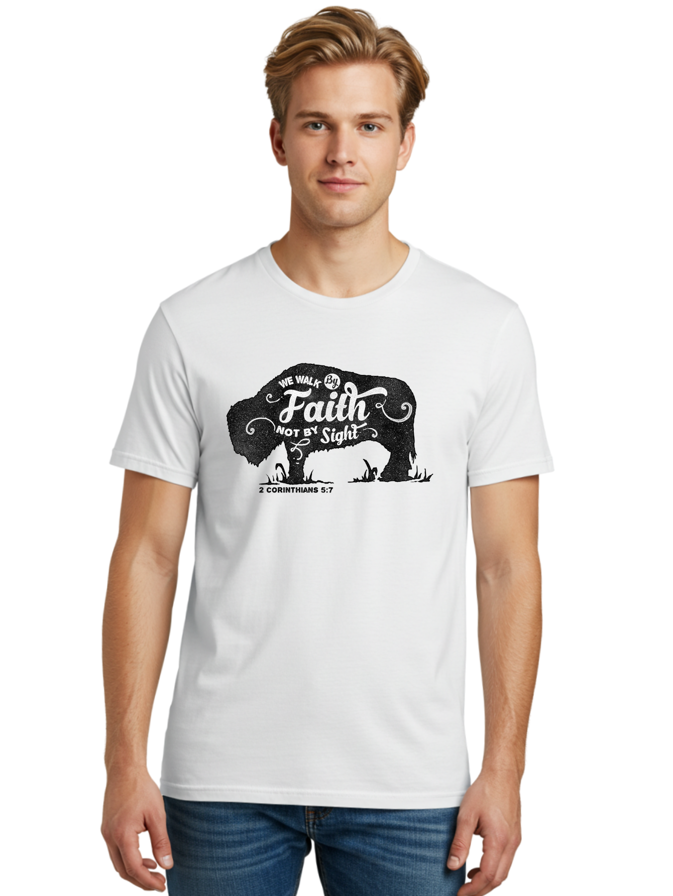 We Walk By Faith Men'S Graphic Tee, 100% Cotton, Comfortable Casual Summer Wear, Machine Washable, Faith Quote, Inspirational Quote, Motivational Quote, Bison Silhouette, Religious Quote, 2 Corinthians 5:7, Christian Art Aae829 6