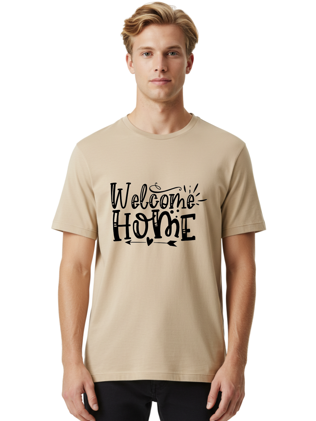 Welcome Home Men'S Graphic Tee, 100% Cotton, Comfortable Casual Summer Wear, Machine Washable, Welcome Home Sign, Home Decor, Home Sweet Home, Warm Welcome, Home Signage, Decorative Text, Arrow Design, Heart Symbol, Typography Art, Aae831 4