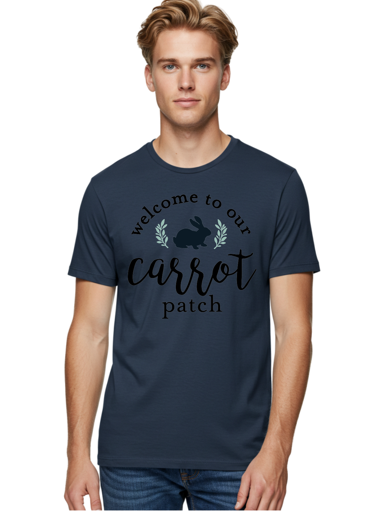 Welcome To Our Carrot Patch Men'S Graphic Tee, 100% Cotton, Comfortable Casual Summer Wear, Machine Washable, Bunny Silhouette, Welcome Sign, Carrot Patch, Leafy Greens, Spring Theme, Easter Decor, Rabbit Graphics, Garden Welcome Aae832 14