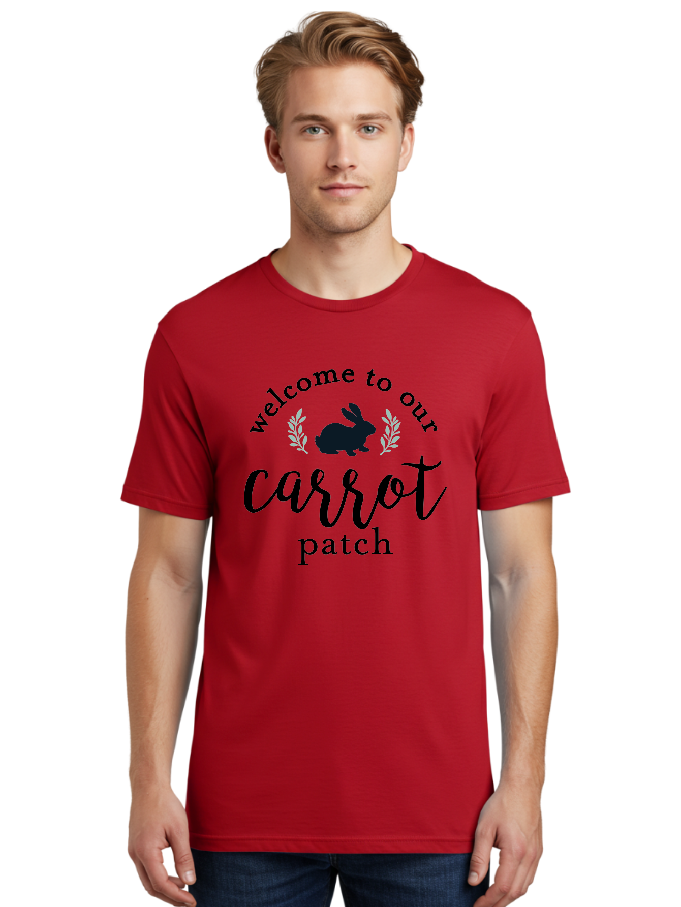 Welcome To Our Carrot Patch Men'S Graphic Tee, 100% Cotton, Comfortable Casual Summer Wear, Machine Washable, Bunny Silhouette, Welcome Sign, Carrot Patch, Leafy Greens, Spring Theme, Easter Decor, Rabbit Graphics, Garden Welcome Aae832 18