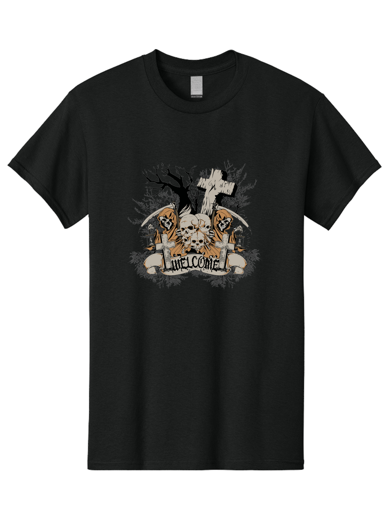 Welcome To The Graveyard Men'S Graphic Tee, 100% Cotton, Comfortable Casual Summer Wear, Machine Washable, Grim Reaper, Skulls, Graveyard, Cross, Cemetery, Dark Art, Gothic Design, Welcome Sign, Reaper Illustration, Death Symbolism, Spooky Art Aae834 5