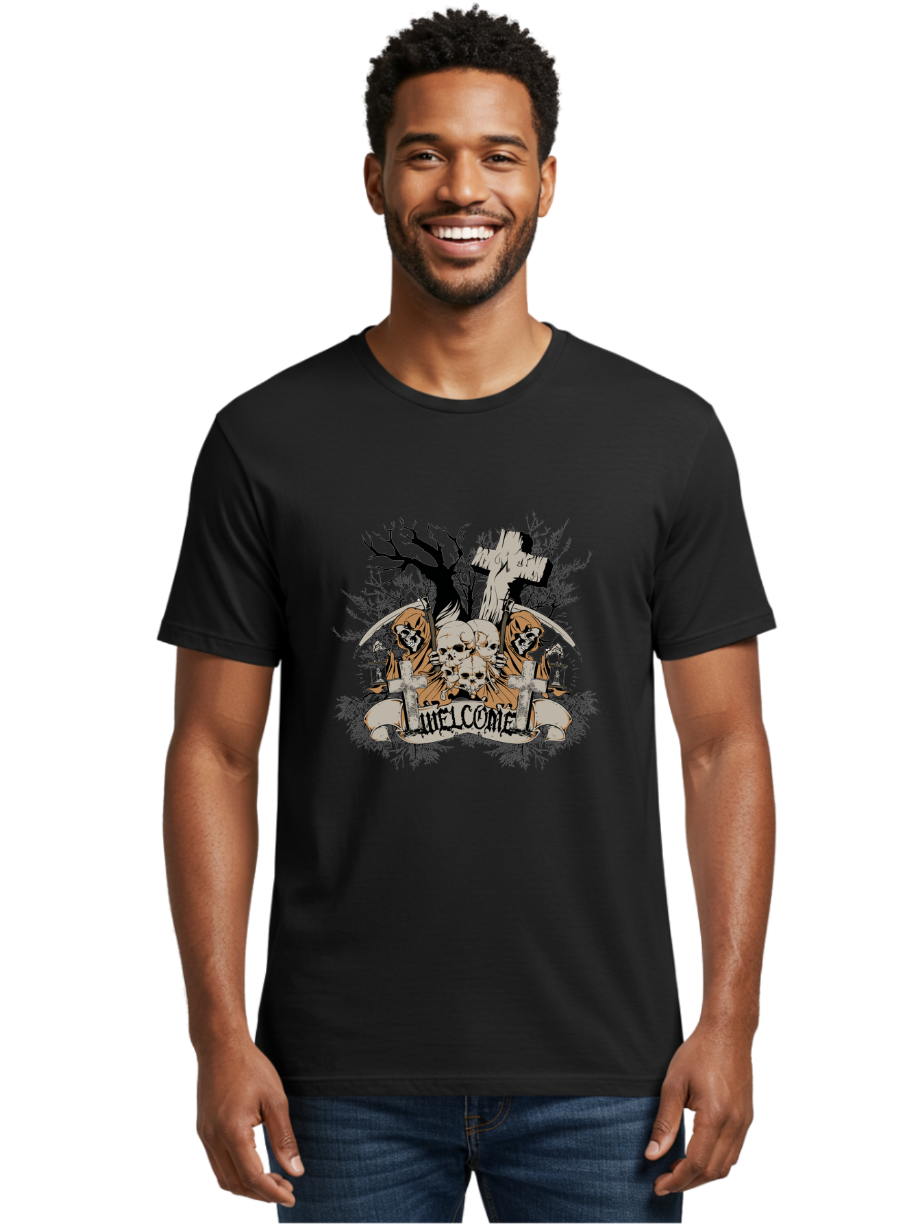 Welcome To The Graveyard Men'S Graphic Tee, 100% Cotton, Comfortable Casual Summer Wear, Machine Washable, Grim Reaper, Skulls, Graveyard, Cross, Cemetery, Dark Art, Gothic Design, Welcome Sign, Reaper Illustration, Death Symbolism, Spooky Art Aae834 6