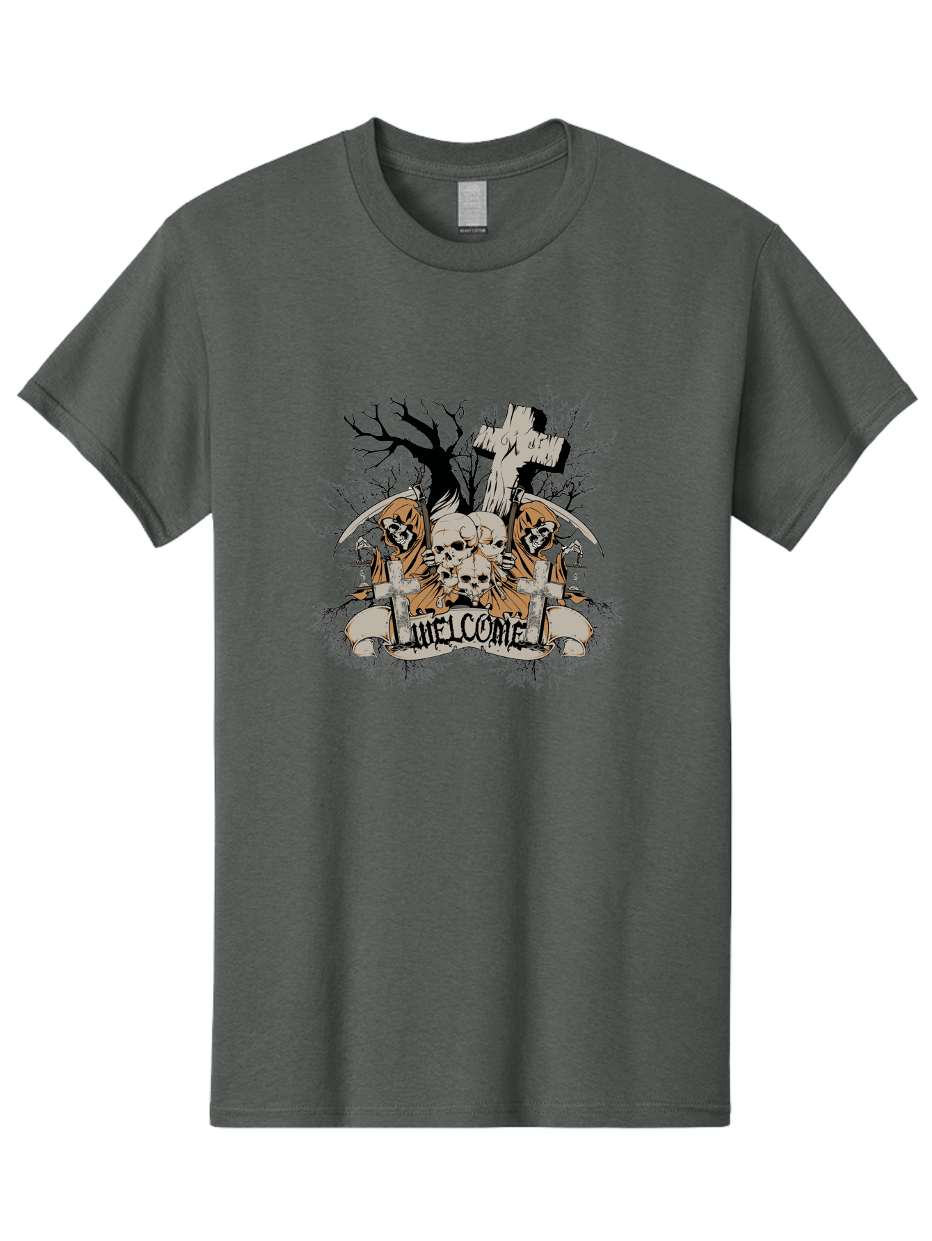 Welcome To The Graveyard Men'S Graphic Tee, 100% Cotton, Comfortable Casual Summer Wear, Machine Washable, Grim Reaper, Skulls, Graveyard, Cross, Cemetery, Dark Art, Gothic Design, Welcome Sign, Reaper Illustration, Death Symbolism, Spooky Art Aae834 27