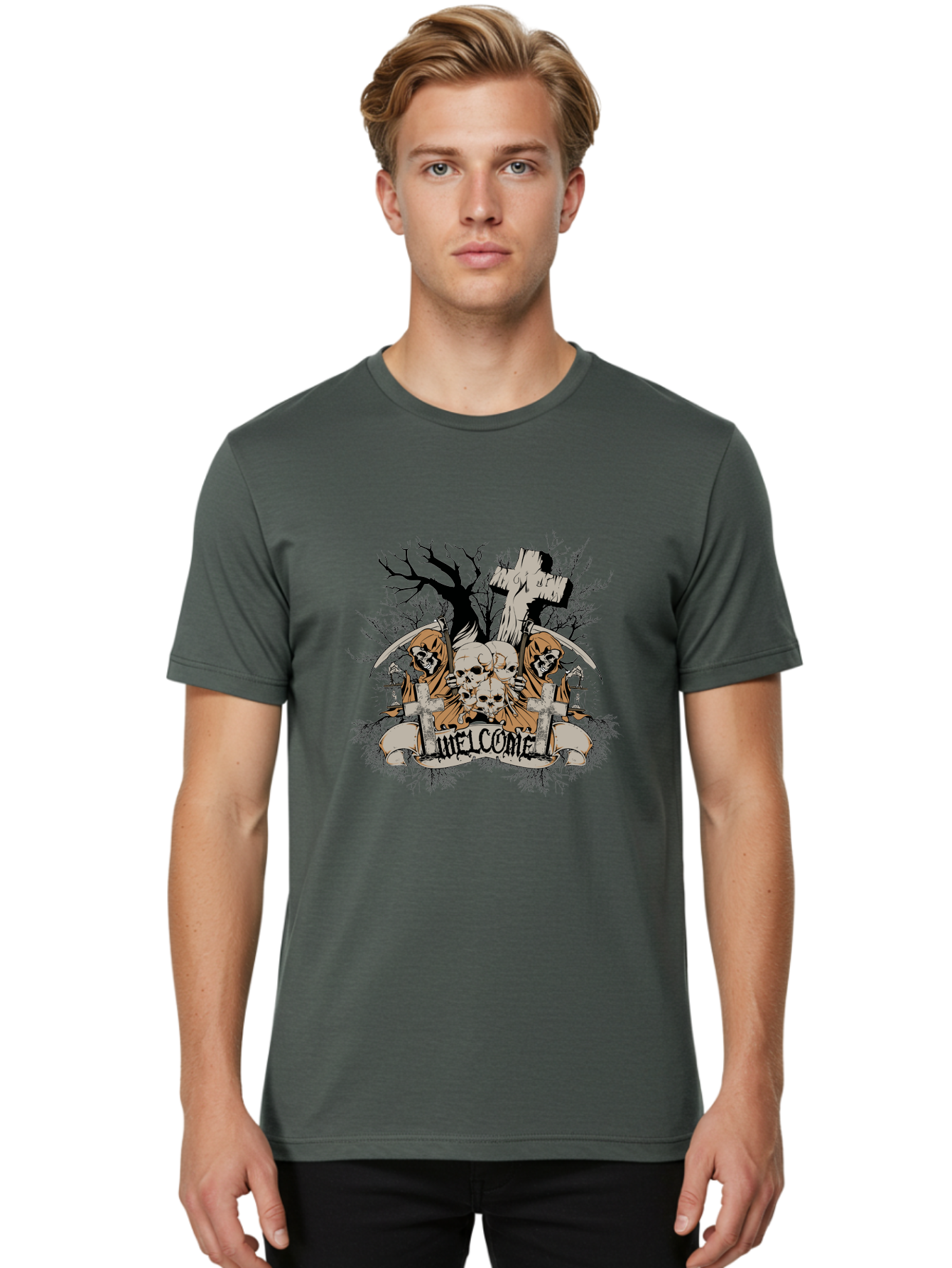 Welcome To The Graveyard Men'S Graphic Tee, 100% Cotton, Comfortable Casual Summer Wear, Machine Washable, Grim Reaper, Skulls, Graveyard, Cross, Cemetery, Dark Art, Gothic Design, Welcome Sign, Reaper Illustration, Death Symbolism, Spooky Art Aae834 28