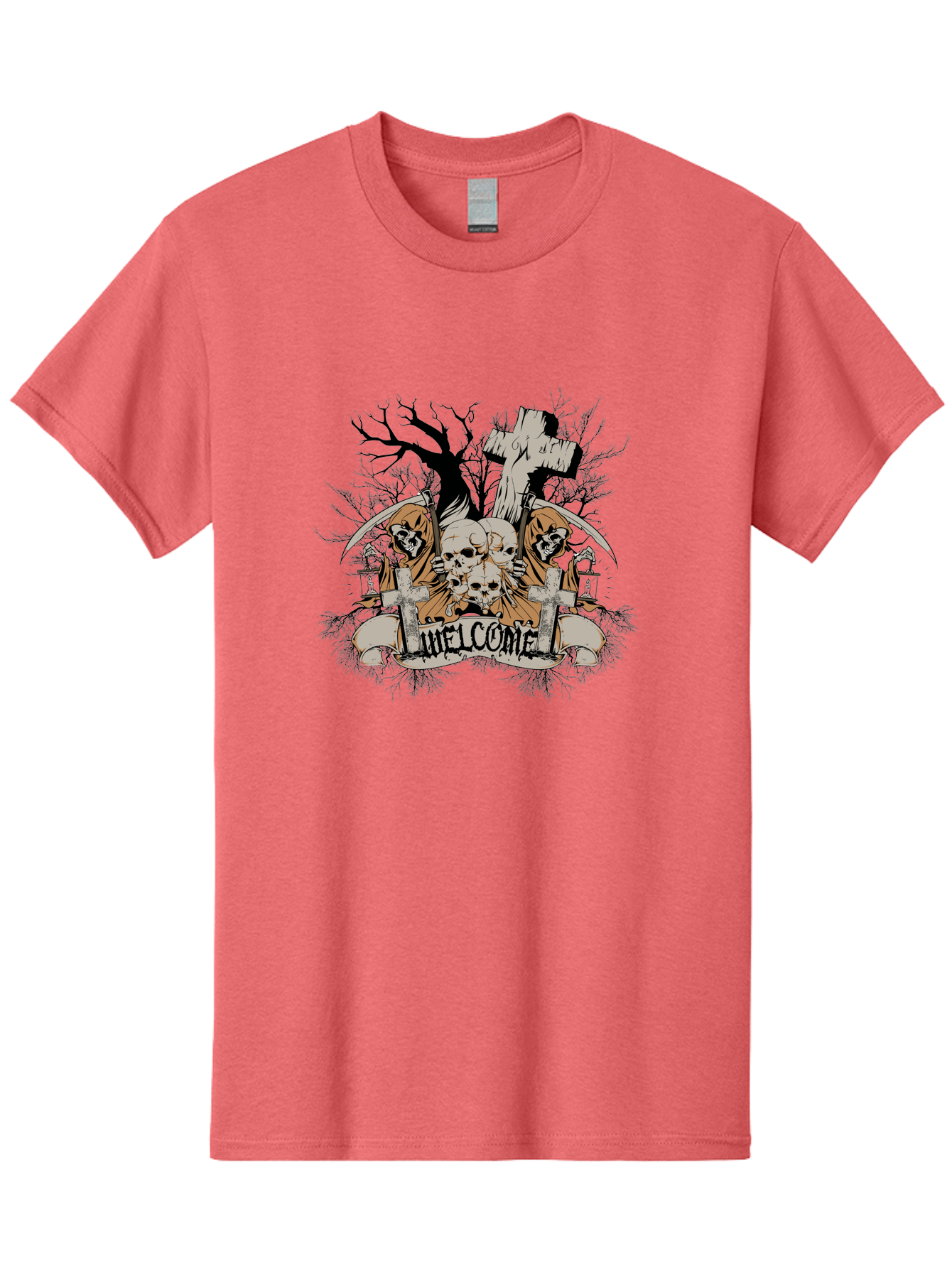 Welcome To The Graveyard Men'S Graphic Tee, 100% Cotton, Comfortable Casual Summer Wear, Machine Washable, Grim Reaper, Skulls, Graveyard, Cross, Cemetery, Dark Art, Gothic Design, Welcome Sign, Reaper Illustration, Death Symbolism, Spooky Art Aae834 11