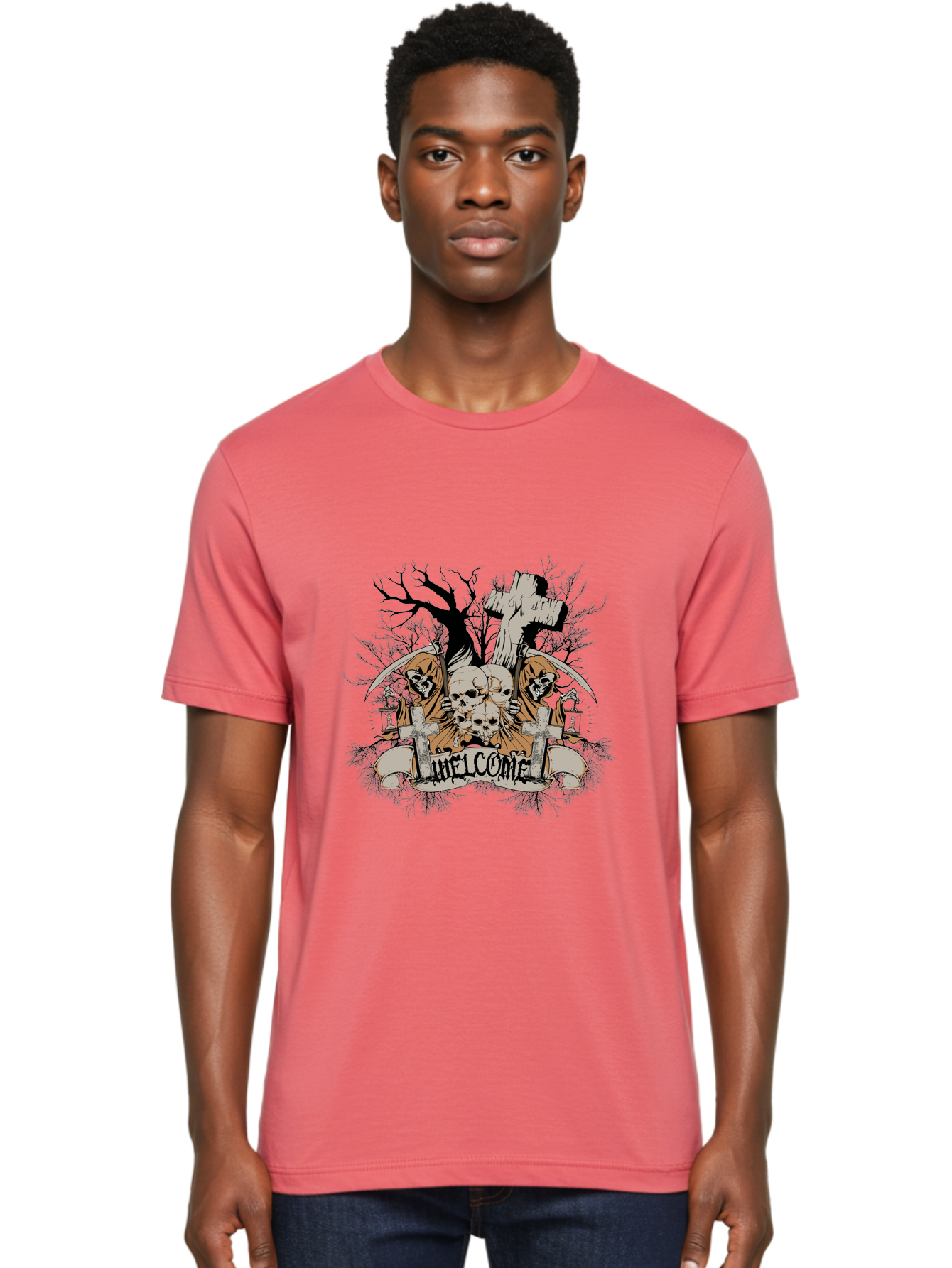 Welcome To The Graveyard Men'S Graphic Tee, 100% Cotton, Comfortable Casual Summer Wear, Machine Washable, Grim Reaper, Skulls, Graveyard, Cross, Cemetery, Dark Art, Gothic Design, Welcome Sign, Reaper Illustration, Death Symbolism, Spooky Art Aae834 12