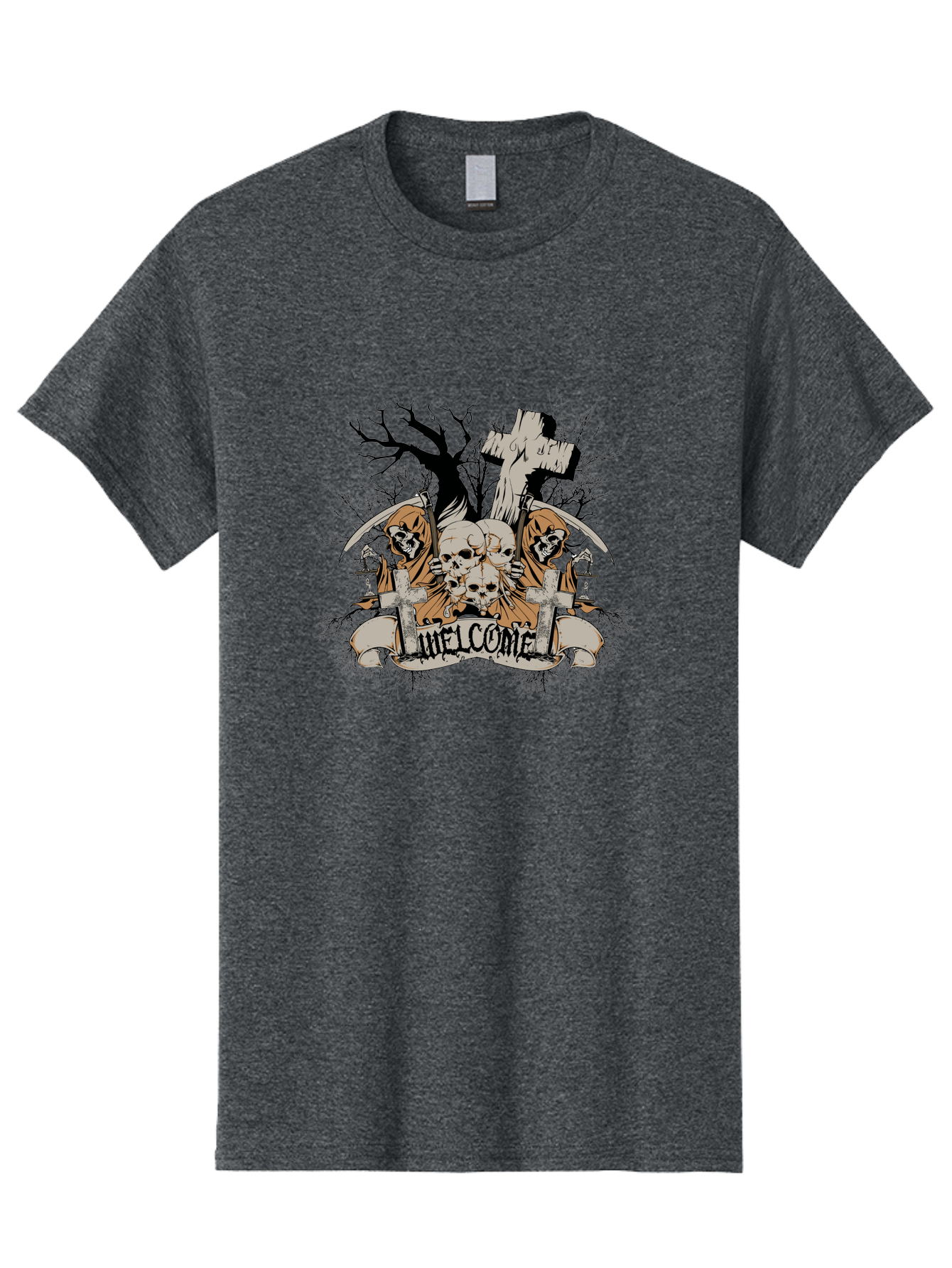 Welcome To The Graveyard Men'S Graphic Tee, 100% Cotton, Comfortable Casual Summer Wear, Machine Washable, Grim Reaper, Skulls, Graveyard, Cross, Cemetery, Dark Art, Gothic Design, Welcome Sign, Reaper Illustration, Death Symbolism, Spooky Art Aae834 9