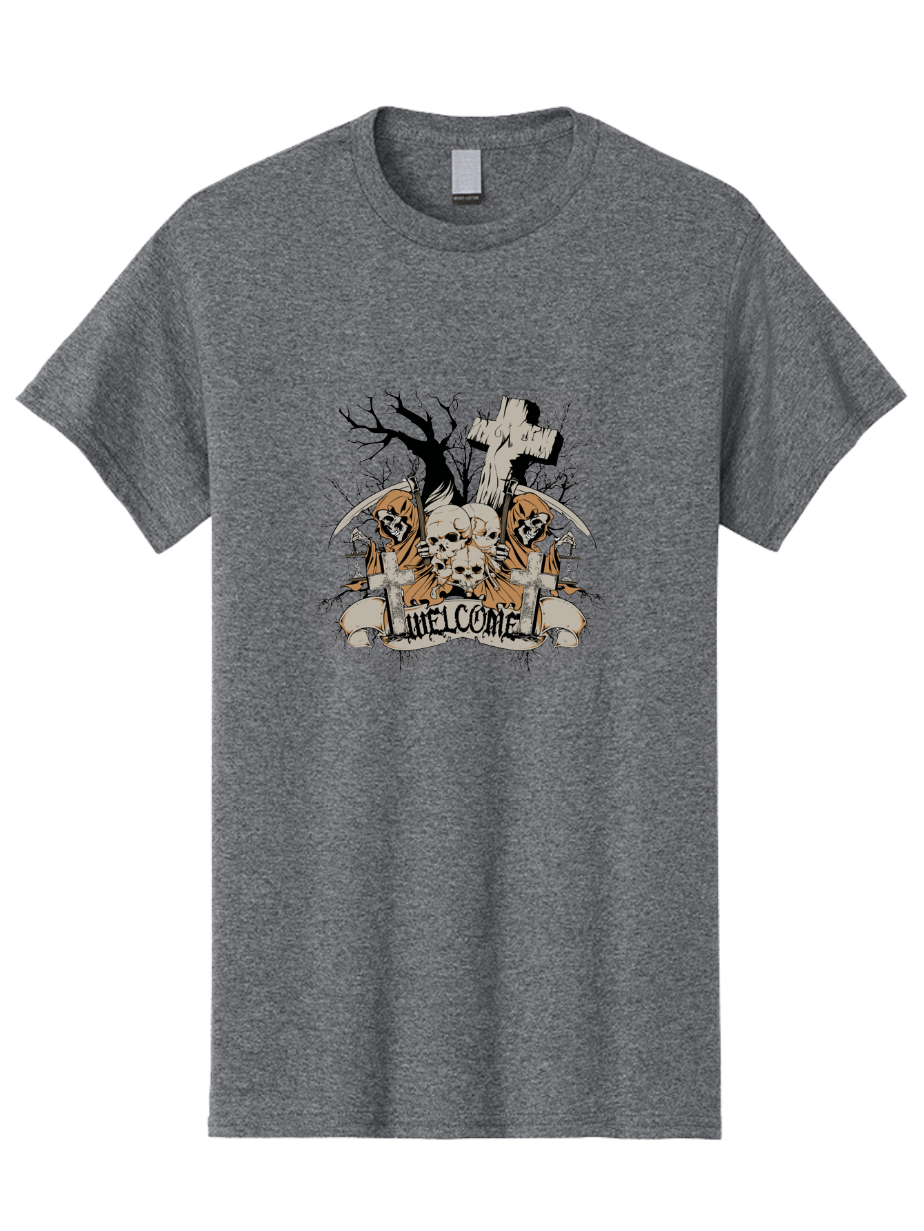Welcome To The Graveyard Men'S Graphic Tee, 100% Cotton, Comfortable Casual Summer Wear, Machine Washable, Grim Reaper, Skulls, Graveyard, Cross, Cemetery, Dark Art, Gothic Design, Welcome Sign, Reaper Illustration, Death Symbolism, Spooky Art Aae834 23