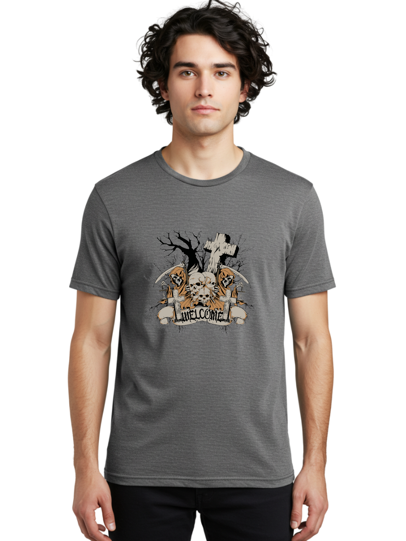 Welcome To The Graveyard Men'S Graphic Tee, 100% Cotton, Comfortable Casual Summer Wear, Machine Washable, Grim Reaper, Skulls, Graveyard, Cross, Cemetery, Dark Art, Gothic Design, Welcome Sign, Reaper Illustration, Death Symbolism, Spooky Art Aae834 24