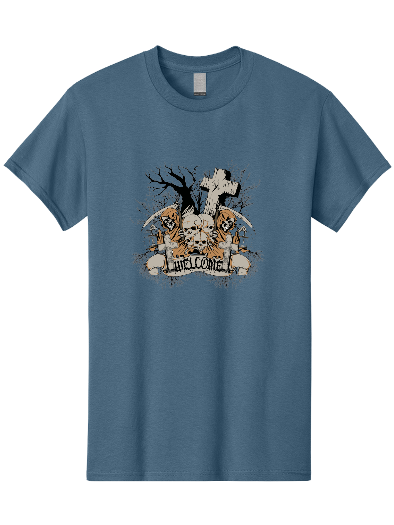 Welcome To The Graveyard Men'S Graphic Tee, 100% Cotton, Comfortable Casual Summer Wear, Machine Washable, Grim Reaper, Skulls, Graveyard, Cross, Cemetery, Dark Art, Gothic Design, Welcome Sign, Reaper Illustration, Death Symbolism, Spooky Art Aae834 29