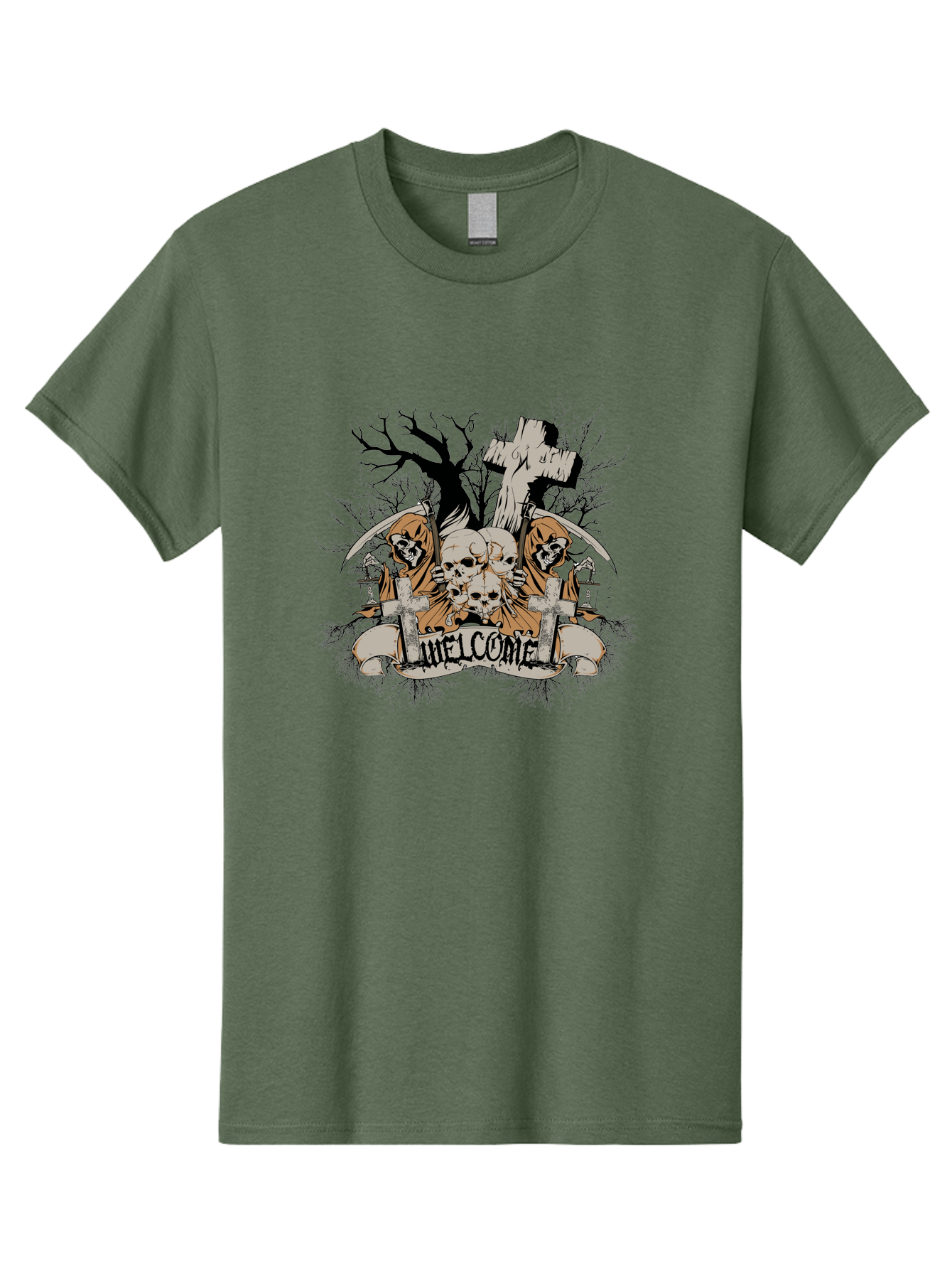 Welcome To The Graveyard Men'S Graphic Tee, 100% Cotton, Comfortable Casual Summer Wear, Machine Washable, Grim Reaper, Skulls, Graveyard, Cross, Cemetery, Dark Art, Gothic Design, Welcome Sign, Reaper Illustration, Death Symbolism, Spooky Art Aae834 19