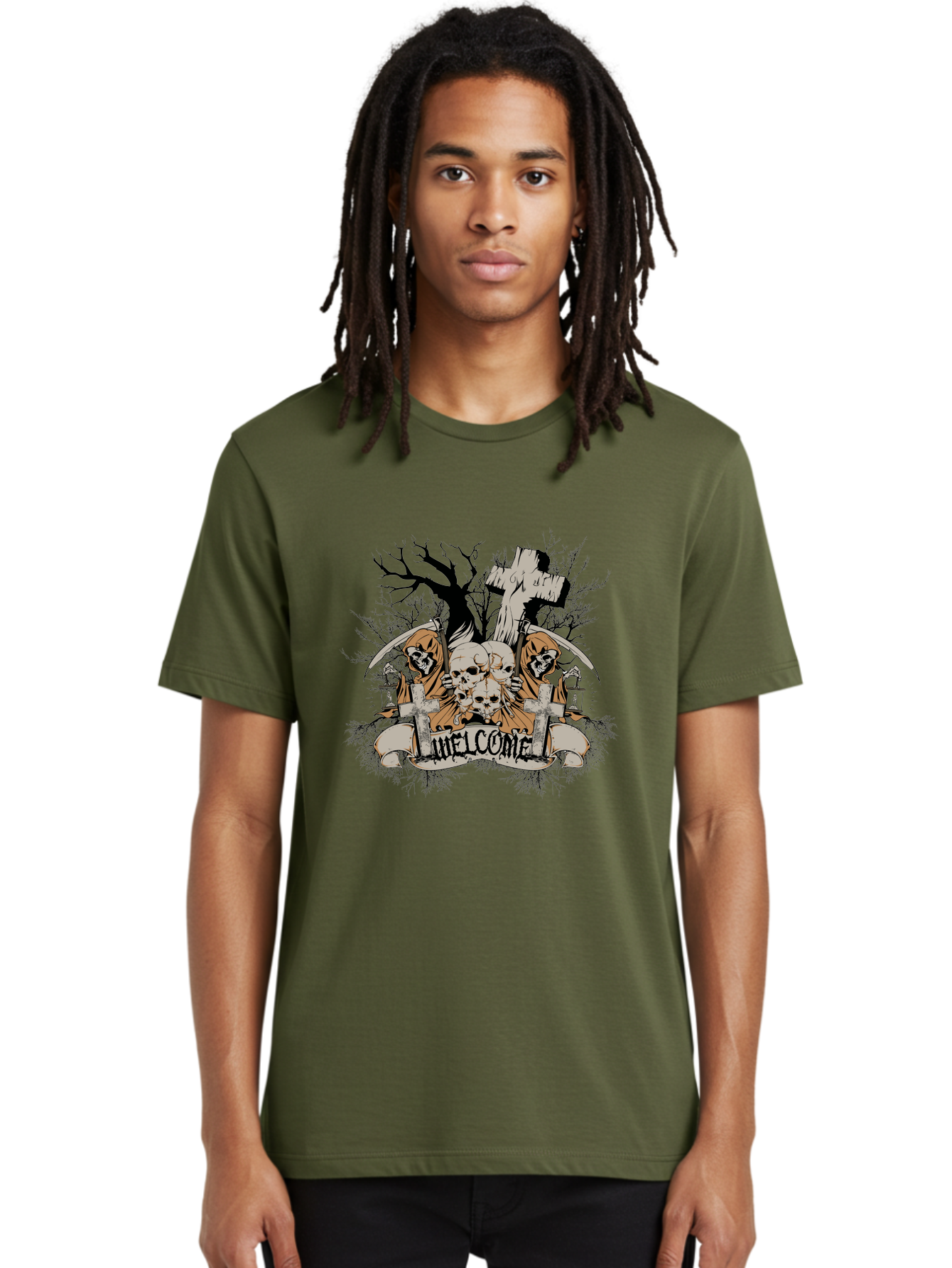 Welcome To The Graveyard Men'S Graphic Tee, 100% Cotton, Comfortable Casual Summer Wear, Machine Washable, Grim Reaper, Skulls, Graveyard, Cross, Cemetery, Dark Art, Gothic Design, Welcome Sign, Reaper Illustration, Death Symbolism, Spooky Art Aae834 20
