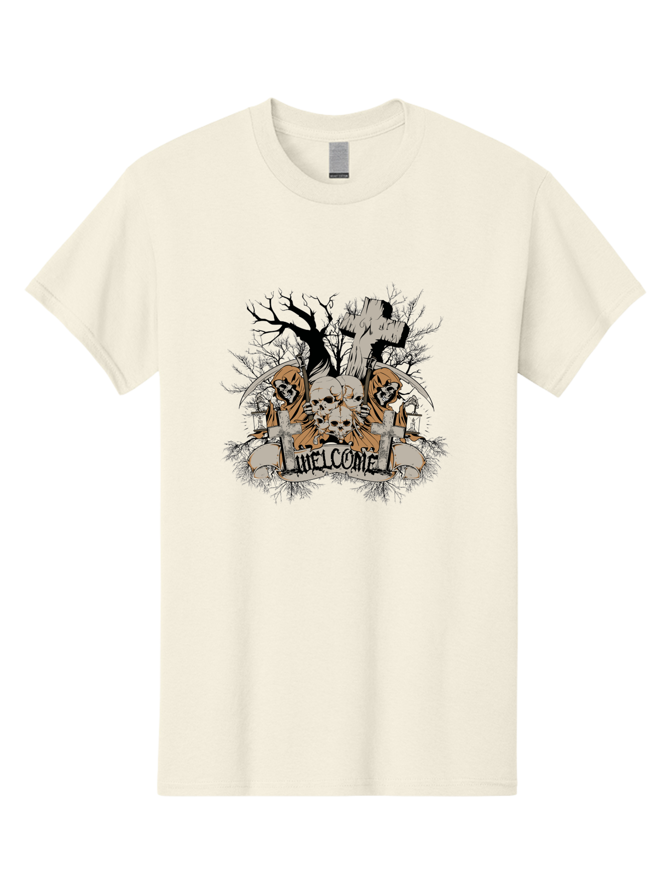 Welcome To The Graveyard Men'S Graphic Tee, 100% Cotton, Comfortable Casual Summer Wear, Machine Washable, Grim Reaper, Skulls, Graveyard, Cross, Cemetery, Dark Art, Gothic Design, Welcome Sign, Reaper Illustration, Death Symbolism, Spooky Art Aae834 17