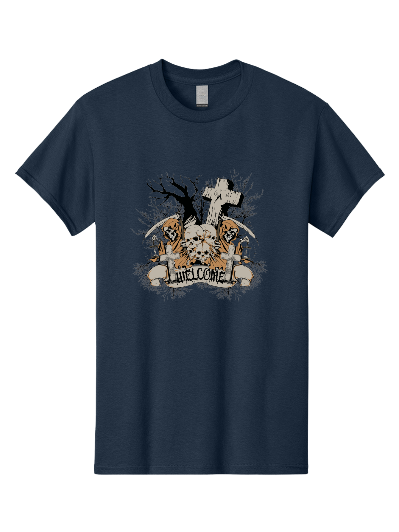 Welcome To The Graveyard Men'S Graphic Tee, 100% Cotton, Comfortable Casual Summer Wear, Machine Washable, Grim Reaper, Skulls, Graveyard, Cross, Cemetery, Dark Art, Gothic Design, Welcome Sign, Reaper Illustration, Death Symbolism, Spooky Art Aae834 21