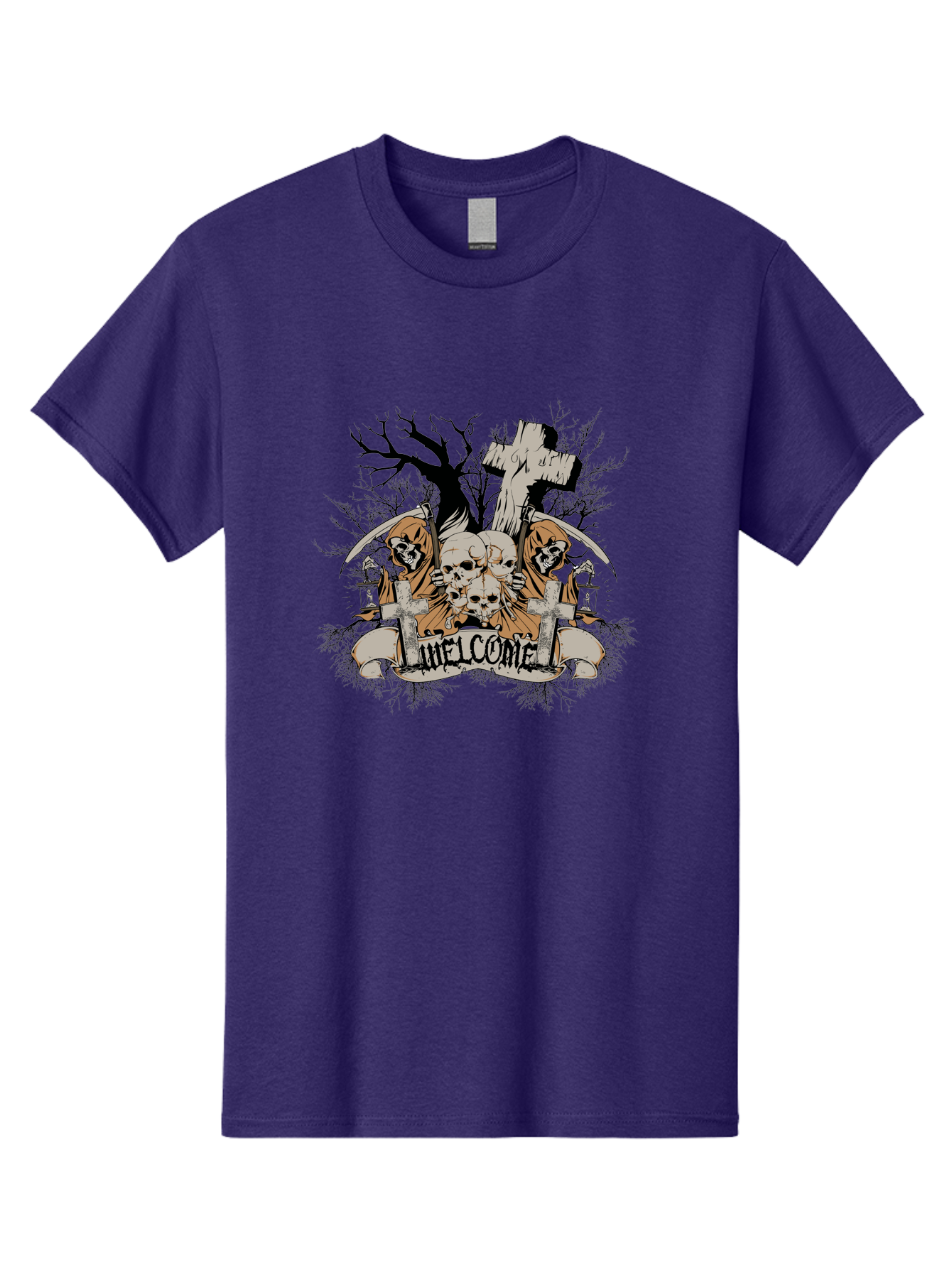 Welcome To The Graveyard Men'S Graphic Tee, 100% Cotton, Comfortable Casual Summer Wear, Machine Washable, Grim Reaper, Skulls, Graveyard, Cross, Cemetery, Dark Art, Gothic Design, Welcome Sign, Reaper Illustration, Death Symbolism, Spooky Art Aae834 3