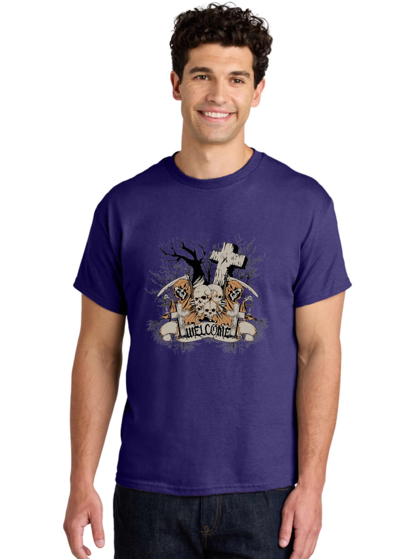 Welcome To The Graveyard Men'S Graphic Tee, 100% Cotton, Comfortable Casual Summer Wear, Machine Washable, Grim Reaper, Skulls, Graveyard, Cross, Cemetery, Dark Art, Gothic Design, Welcome Sign, Reaper Illustration, Death Symbolism, Spooky Art Aae834 4