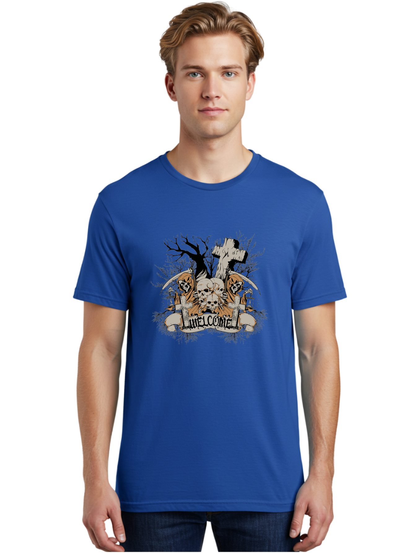 Welcome To The Graveyard Men'S Graphic Tee, 100% Cotton, Comfortable Casual Summer Wear, Machine Washable, Grim Reaper, Skulls, Graveyard, Cross, Cemetery, Dark Art, Gothic Design, Welcome Sign, Reaper Illustration, Death Symbolism, Spooky Art Aae834 26