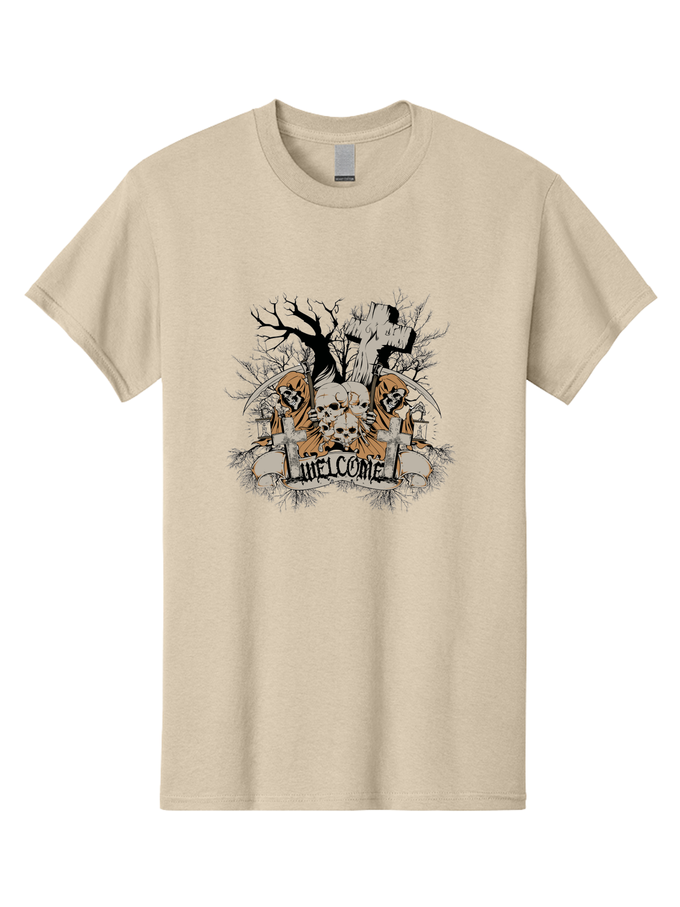 Welcome To The Graveyard Men'S Graphic Tee, 100% Cotton, Comfortable Casual Summer Wear, Machine Washable, Grim Reaper, Skulls, Graveyard, Cross, Cemetery, Dark Art, Gothic Design, Welcome Sign, Reaper Illustration, Death Symbolism, Spooky Art Aae834 7