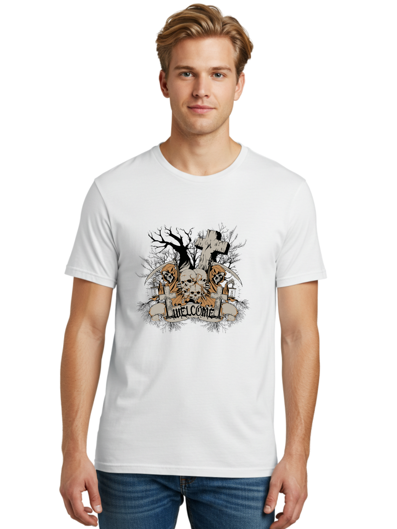 Welcome To The Graveyard Men'S Graphic Tee, 100% Cotton, Comfortable Casual Summer Wear, Machine Washable, Grim Reaper, Skulls, Graveyard, Cross, Cemetery, Dark Art, Gothic Design, Welcome Sign, Reaper Illustration, Death Symbolism, Spooky Art Aae834 14