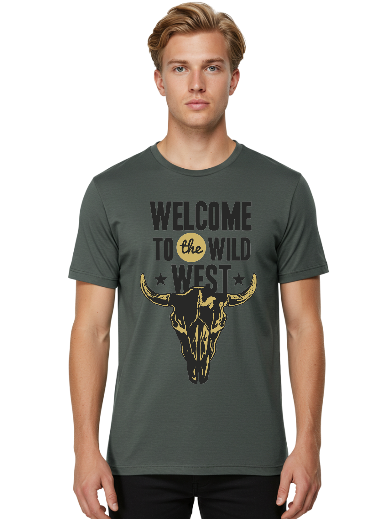 Welcome To The Wild West Men'S Graphic Tee, 100% Cotton, Comfortable Casual Summer Wear, Machine Washable, Western Cowboy Theme, Wild West, Cow Skull, Western Design, Country Style, Bold Typography, Star Symbols, Cowboy Culture, Western Art, Aae835 8