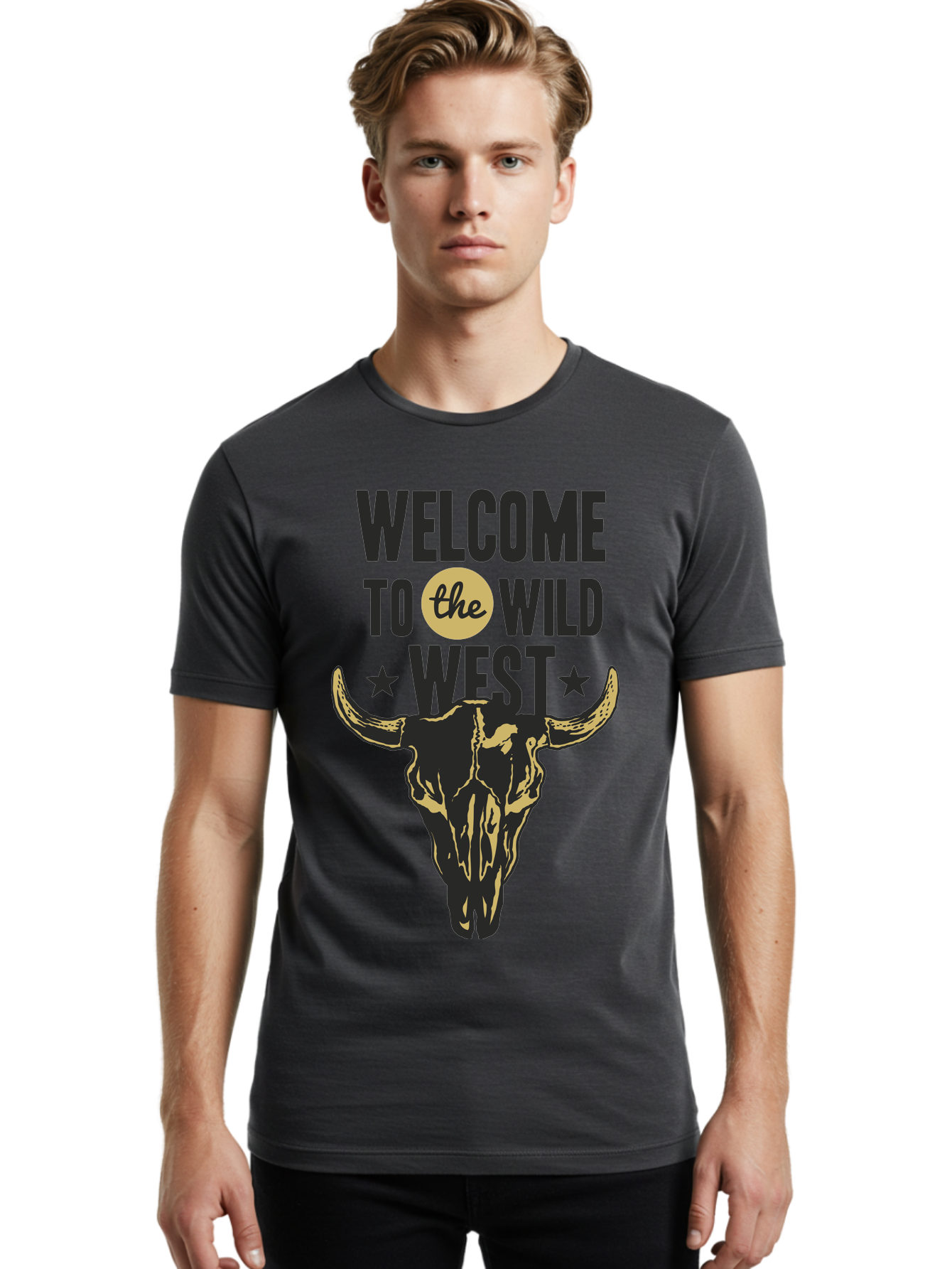 Welcome To The Wild West Men'S Graphic Tee, 100% Cotton, Comfortable Casual Summer Wear, Machine Washable, Western Cowboy Theme, Wild West, Cow Skull, Western Design, Country Style, Bold Typography, Star Symbols, Cowboy Culture, Western Art, Aae835 6