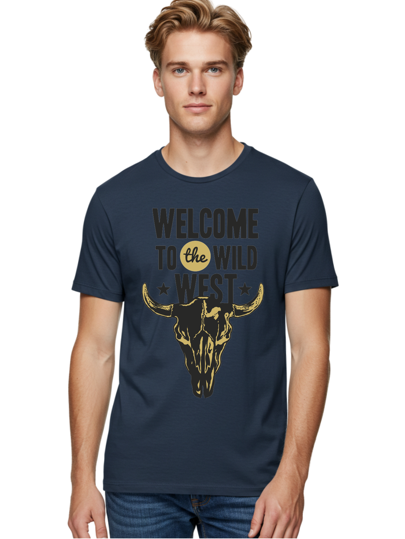 Welcome To The Wild West Men'S Graphic Tee, 100% Cotton, Comfortable Casual Summer Wear, Machine Washable, Western Cowboy Theme, Wild West, Cow Skull, Western Design, Country Style, Bold Typography, Star Symbols, Cowboy Culture, Western Art, Aae835 10