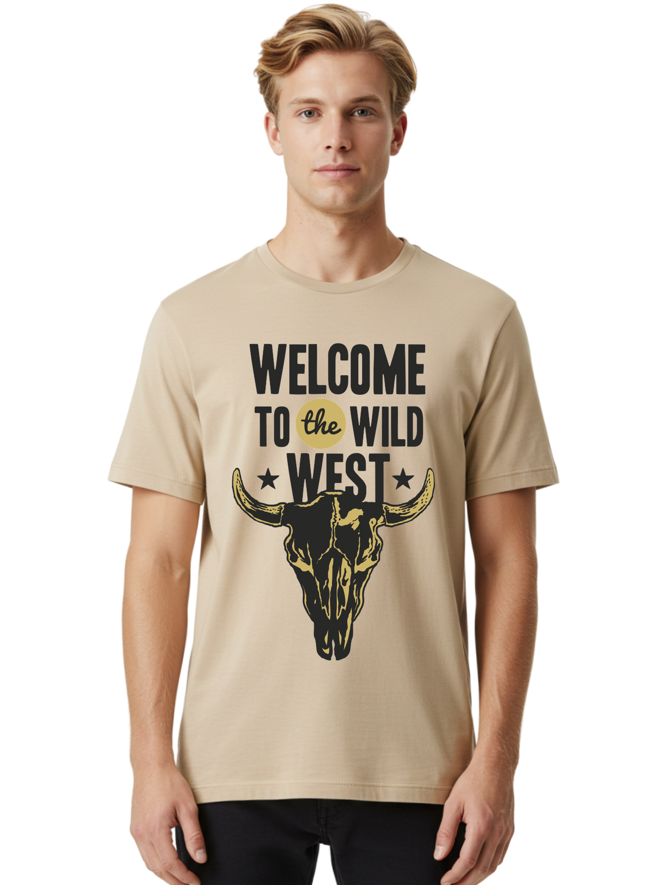 Welcome To The Wild West Men'S Graphic Tee, 100% Cotton, Comfortable Casual Summer Wear, Machine Washable, Western Cowboy Theme, Wild West, Cow Skull, Western Design, Country Style, Bold Typography, Star Symbols, Cowboy Culture, Western Art, Aae835 20