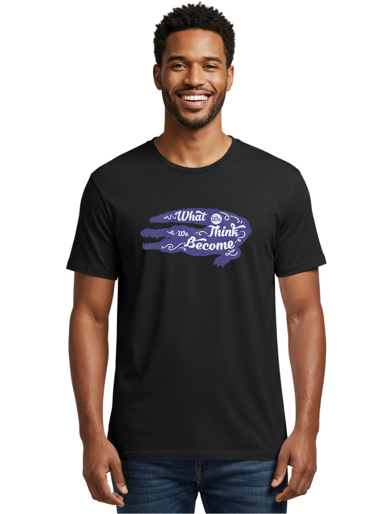 What We Think We Become Men'S Graphic Tee, 100% Cotton, Comfortable Casual Summer Wear, Machine Washable, Inspirational Quote, Motivational Words, Alligator Silhouette, Creative Typography, White Text On Dark Purple, Positive Affirmations, Aae837 10
