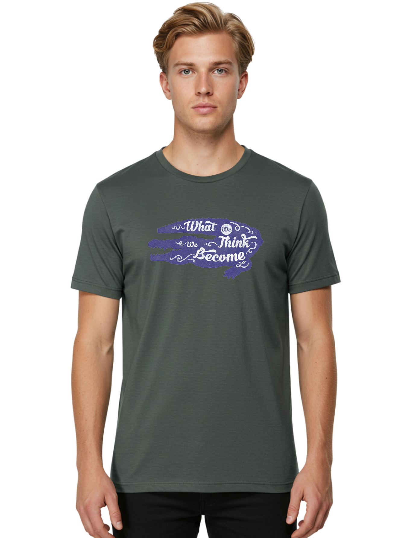What We Think We Become Men'S Graphic Tee, 100% Cotton, Comfortable Casual Summer Wear, Machine Washable, Inspirational Quote, Motivational Words, Alligator Silhouette, Creative Typography, White Text On Dark Purple, Positive Affirmations, Aae837 18