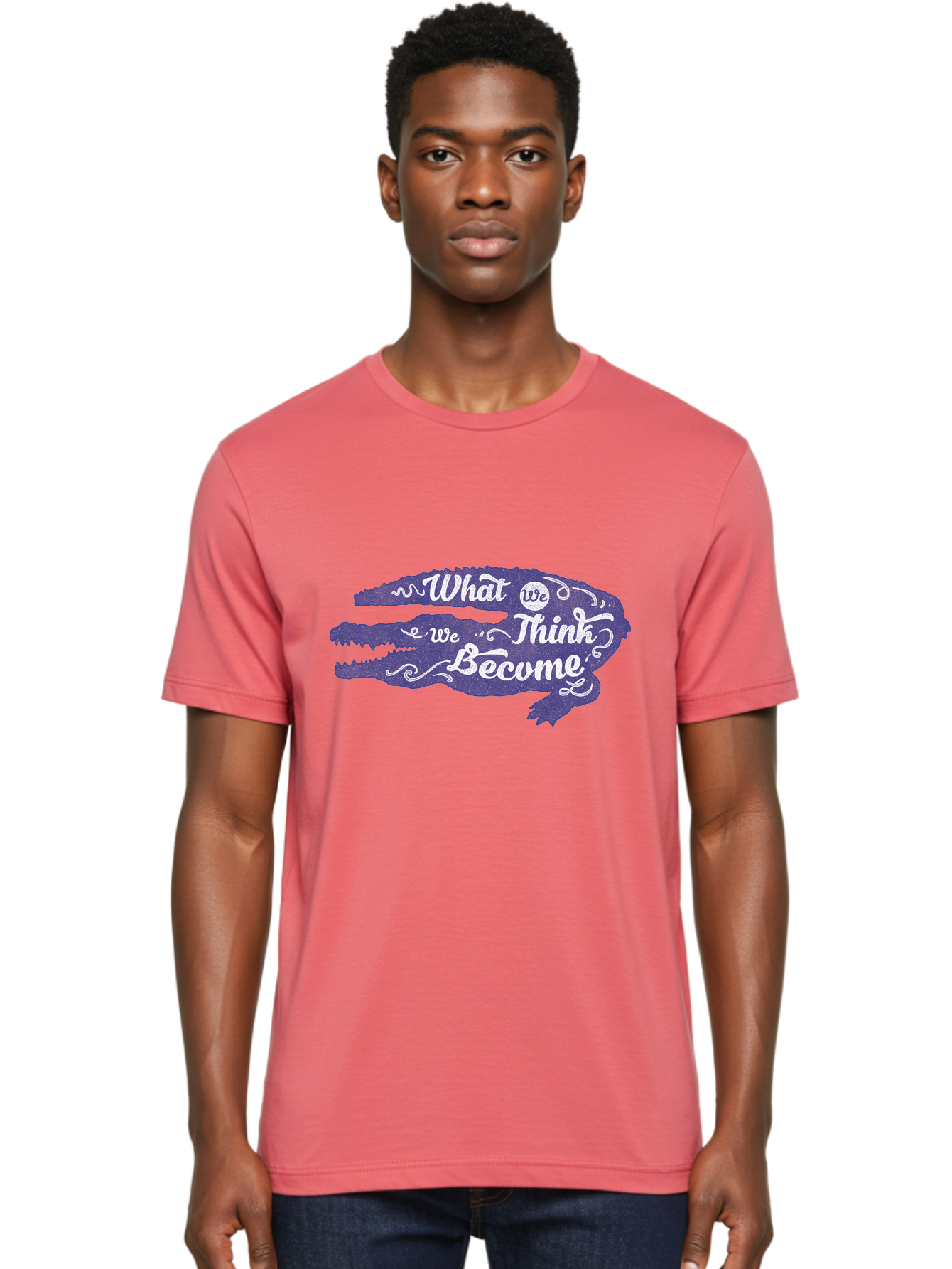 What We Think We Become Men'S Graphic Tee, 100% Cotton, Comfortable Casual Summer Wear, Machine Washable, Inspirational Quote, Motivational Words, Alligator Silhouette, Creative Typography, White Text On Dark Purple, Positive Affirmations, Aae837 8