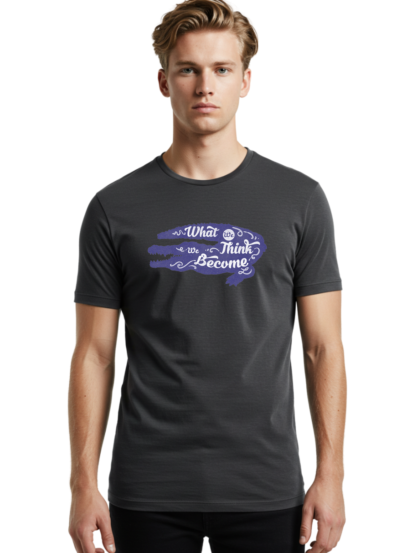 What We Think We Become Men'S Graphic Tee, 100% Cotton, Comfortable Casual Summer Wear, Machine Washable, Inspirational Quote, Motivational Words, Alligator Silhouette, Creative Typography, White Text On Dark Purple, Positive Affirmations, Aae837 20