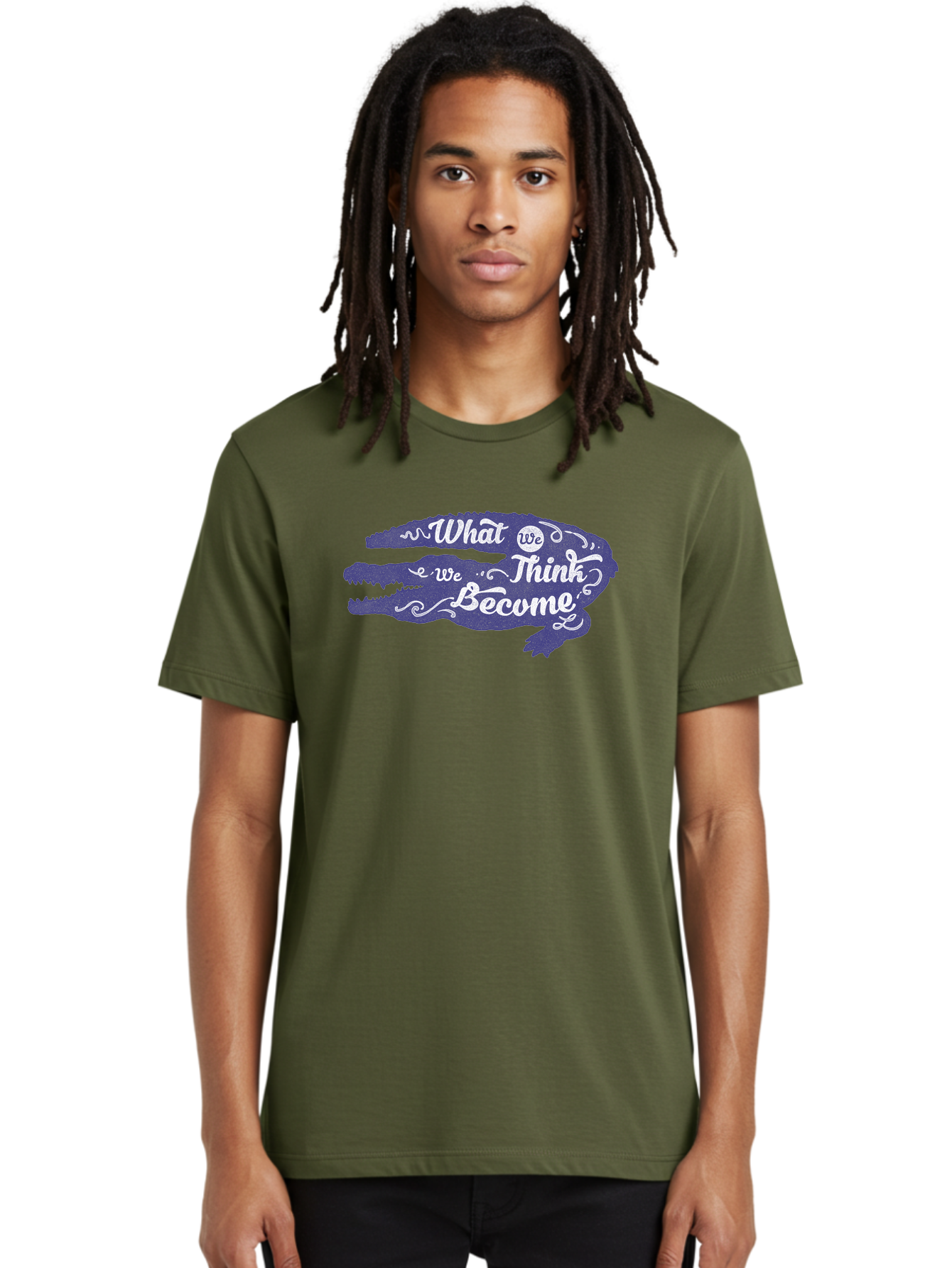 What We Think We Become Men'S Graphic Tee, 100% Cotton, Comfortable Casual Summer Wear, Machine Washable, Inspirational Quote, Motivational Words, Alligator Silhouette, Creative Typography, White Text On Dark Purple, Positive Affirmations, Aae837 14