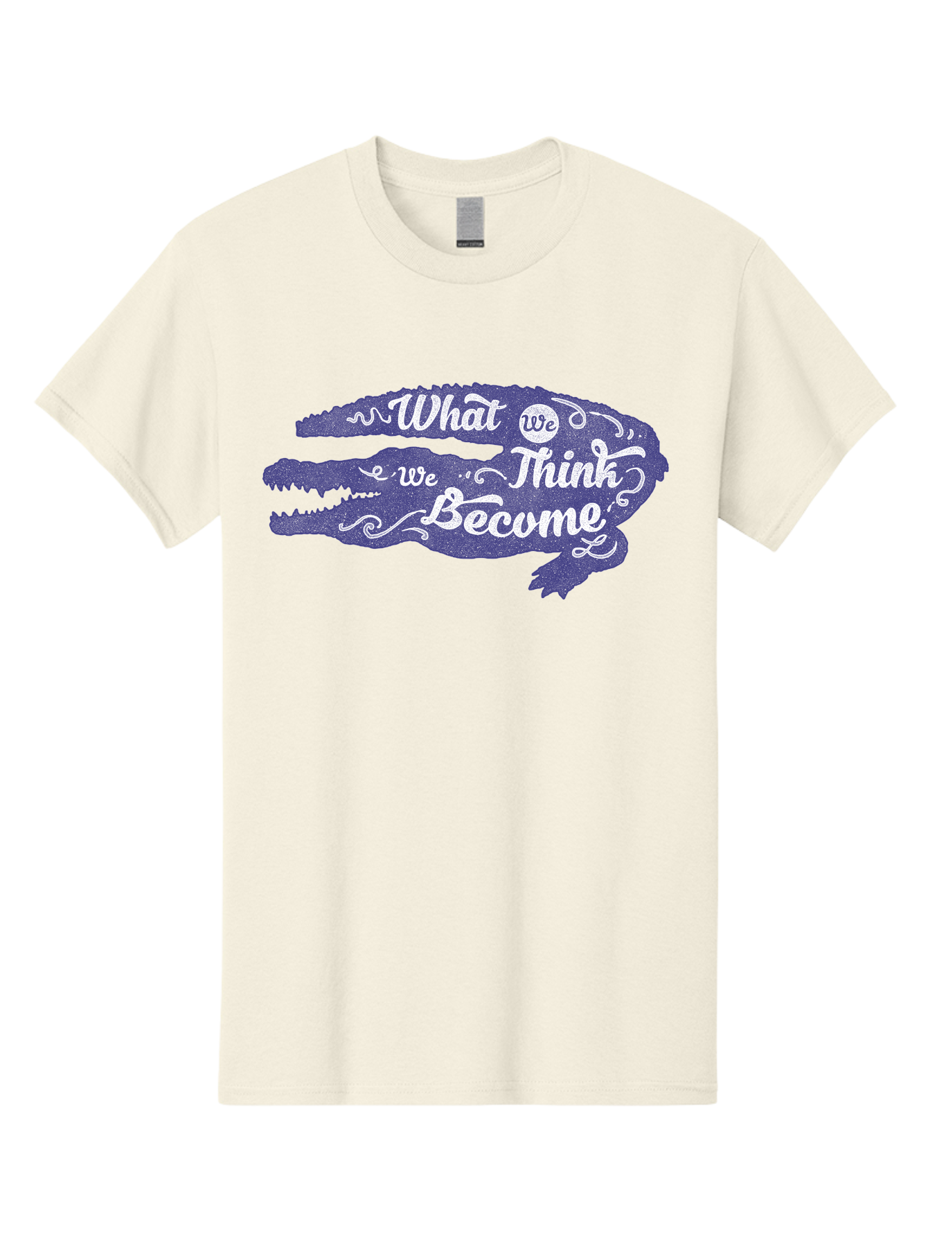 What We Think We Become Men'S Graphic Tee, 100% Cotton, Comfortable Casual Summer Wear, Machine Washable, Inspirational Quote, Motivational Words, Alligator Silhouette, Creative Typography, White Text On Dark Purple, Positive Affirmations, Aae837 23