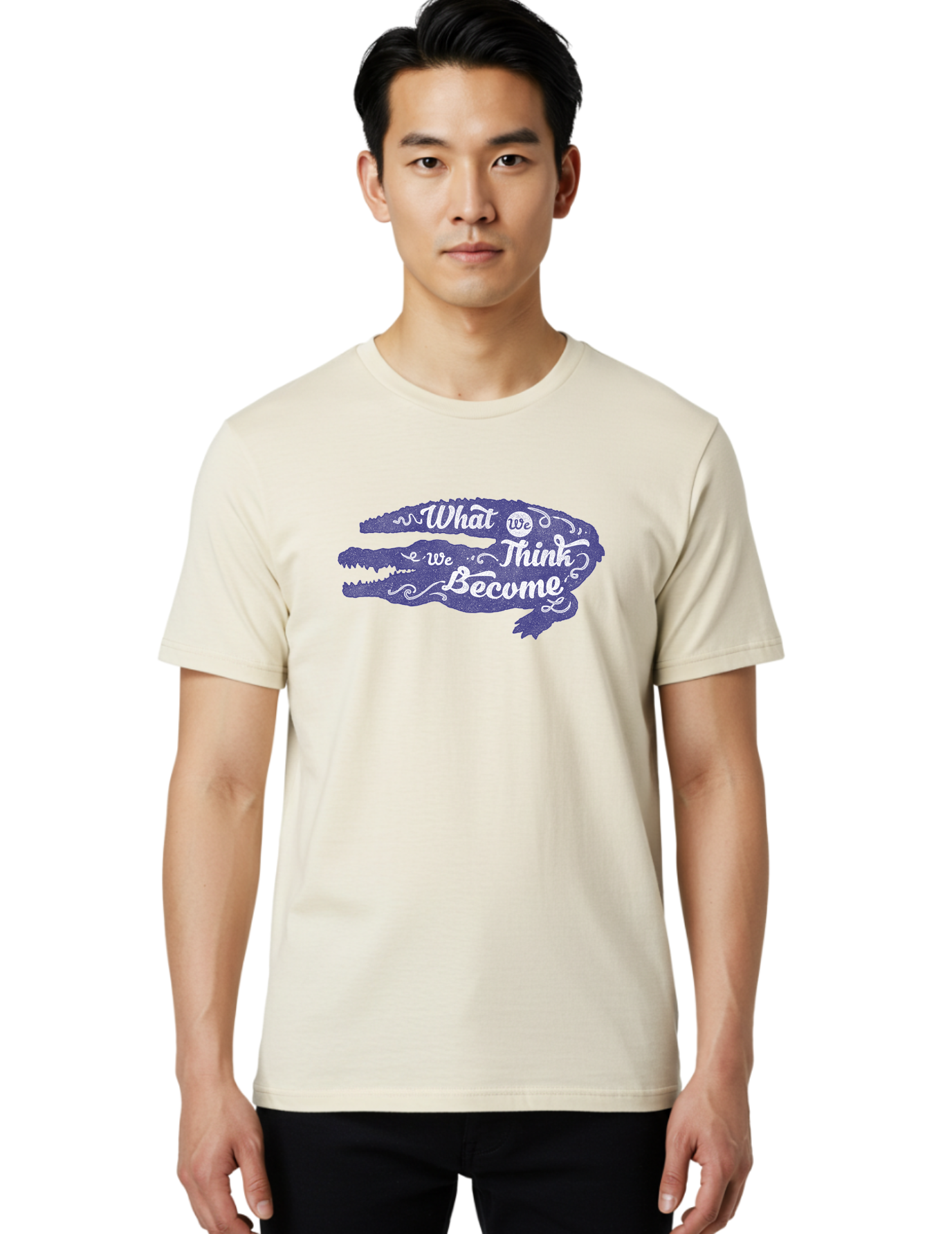 What We Think We Become Men'S Graphic Tee, 100% Cotton, Comfortable Casual Summer Wear, Machine Washable, Inspirational Quote, Motivational Words, Alligator Silhouette, Creative Typography, White Text On Dark Purple, Positive Affirmations, Aae837 24