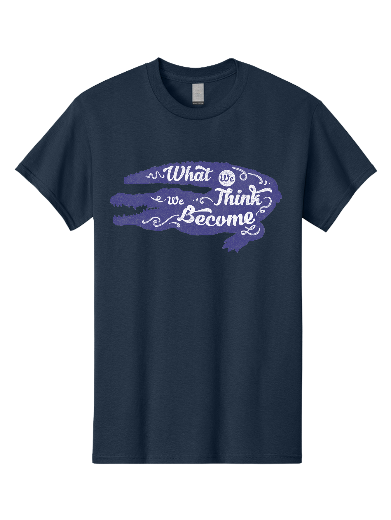 What We Think We Become Men'S Graphic Tee, 100% Cotton, Comfortable Casual Summer Wear, Machine Washable, Inspirational Quote, Motivational Words, Alligator Silhouette, Creative Typography, White Text On Dark Purple, Positive Affirmations, Aae837 27