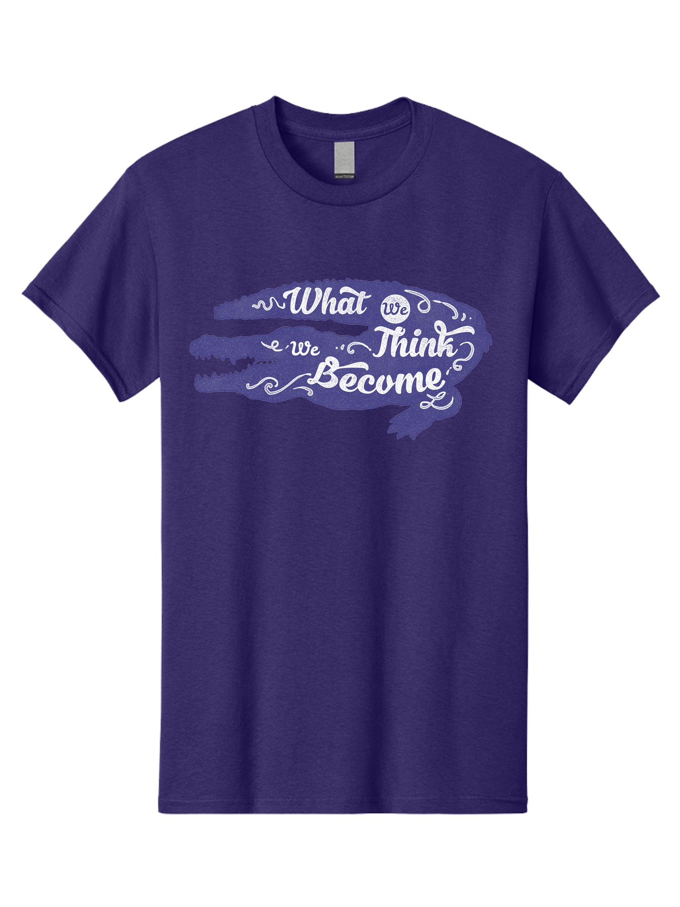 What We Think We Become Men'S Graphic Tee, 100% Cotton, Comfortable Casual Summer Wear, Machine Washable, Inspirational Quote, Motivational Words, Alligator Silhouette, Creative Typography, White Text On Dark Purple, Positive Affirmations, Aae837 11