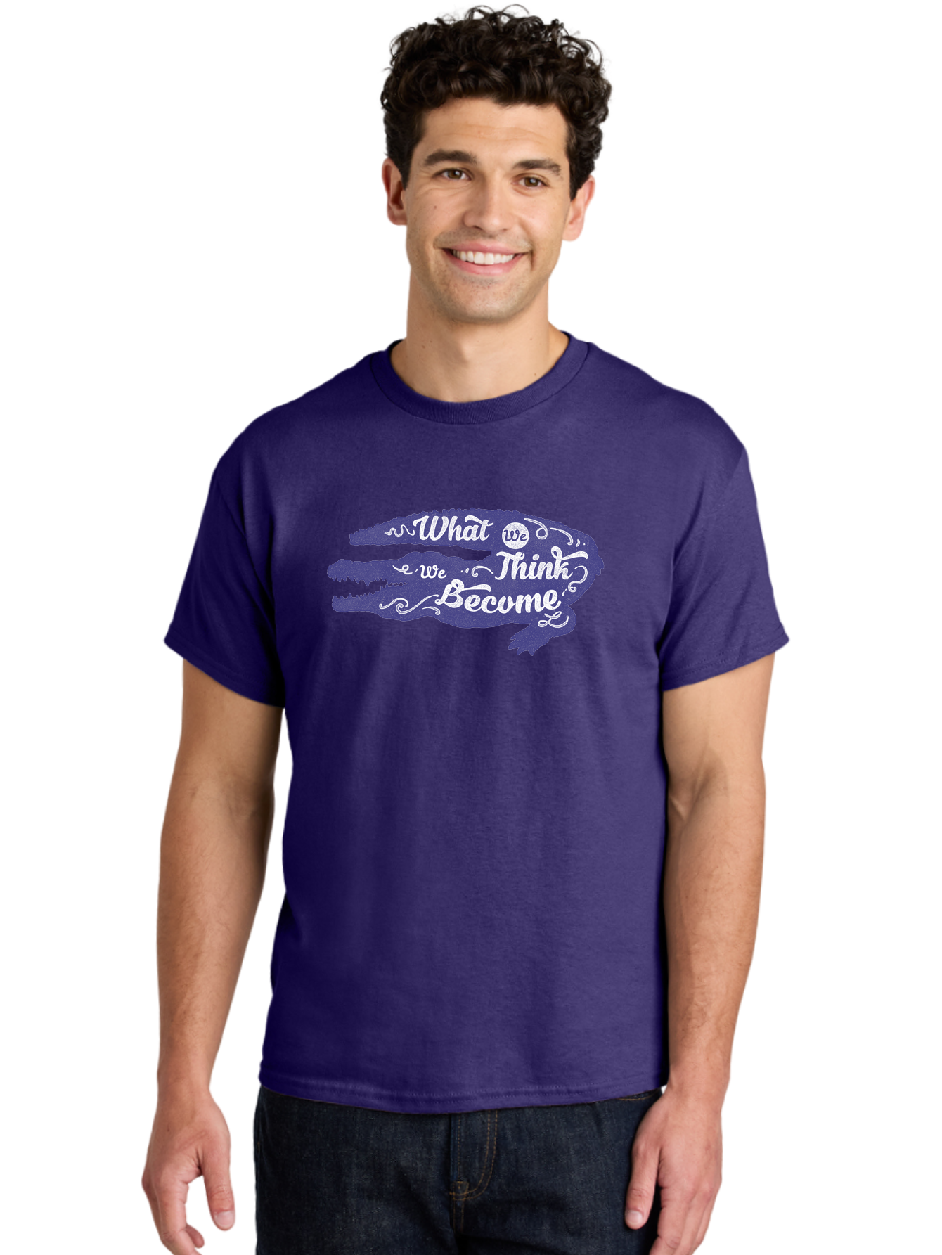 What We Think We Become Men'S Graphic Tee, 100% Cotton, Comfortable Casual Summer Wear, Machine Washable, Inspirational Quote, Motivational Words, Alligator Silhouette, Creative Typography, White Text On Dark Purple, Positive Affirmations, Aae837 12